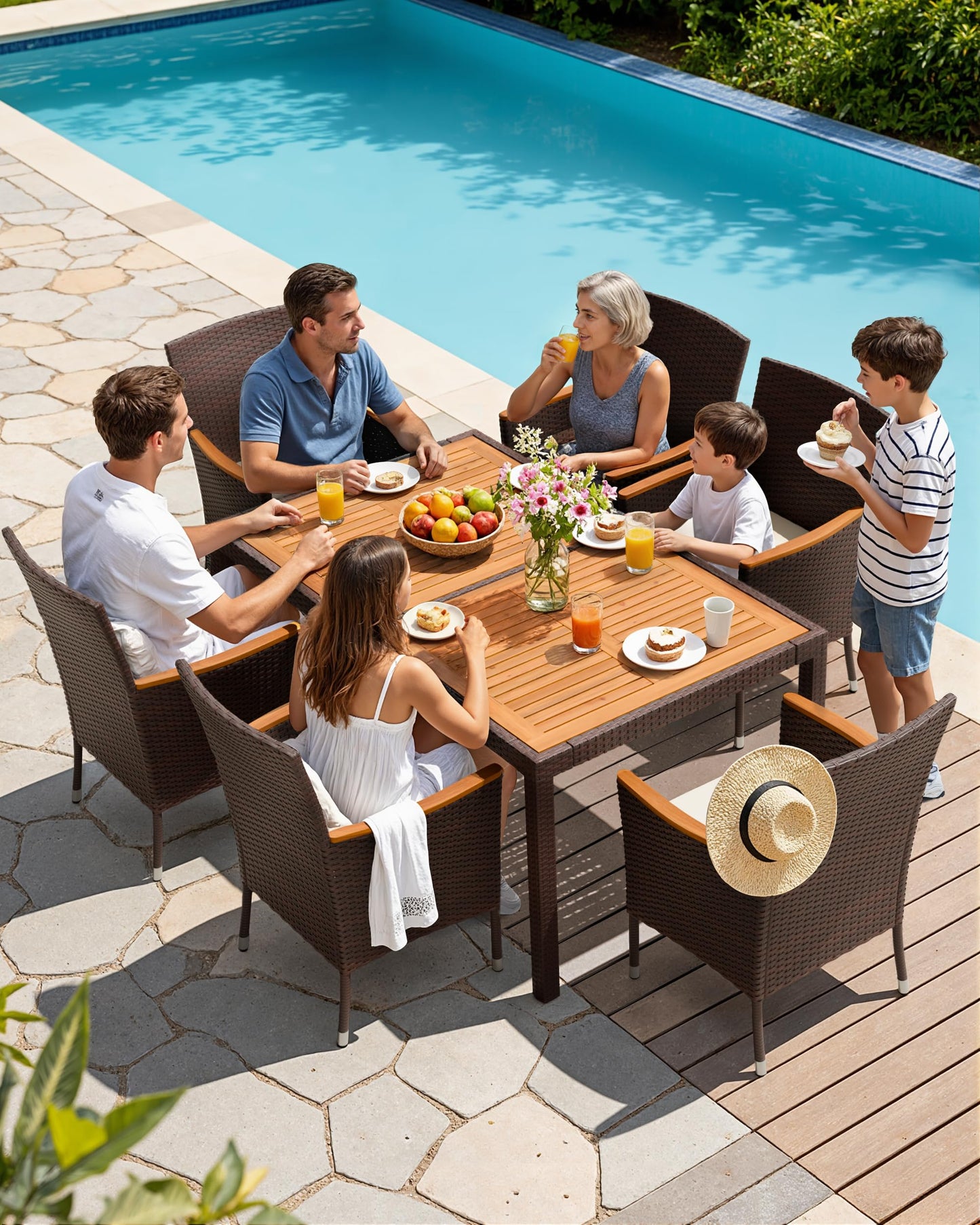Flamaker 7 Piece Patio Dining Set Outdoor Acacia Wood Table and Chairs with Soft Cushions Wicker Patio Furniture for Deck, Backyard, Garden (Brown)
