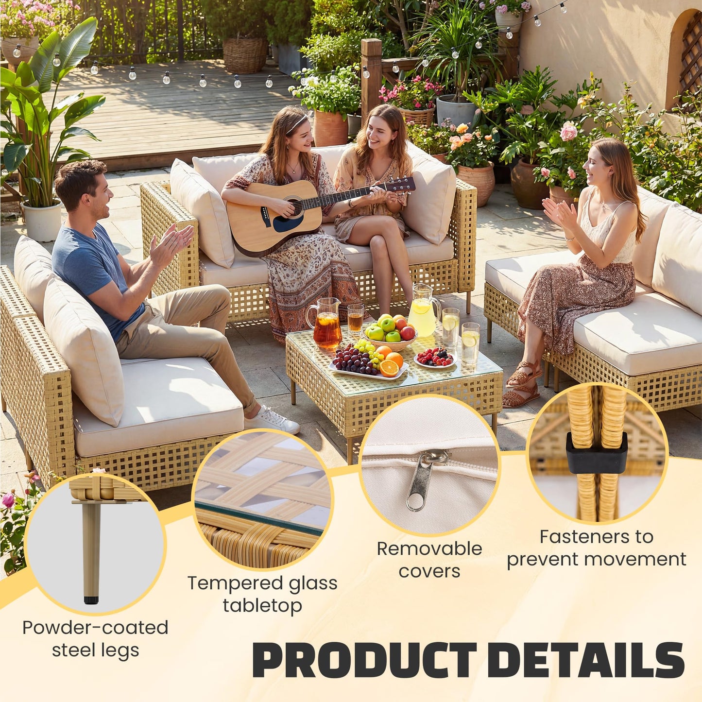 LHBcraft 7-Piece Wicker Outdoor Patio Furniture Set, Modular Rattan Outdoor Furniture, Patio Conversation Sets, Handmade Rattan, Water Resistant Fluffy Cushions and Coffee Table, Beige