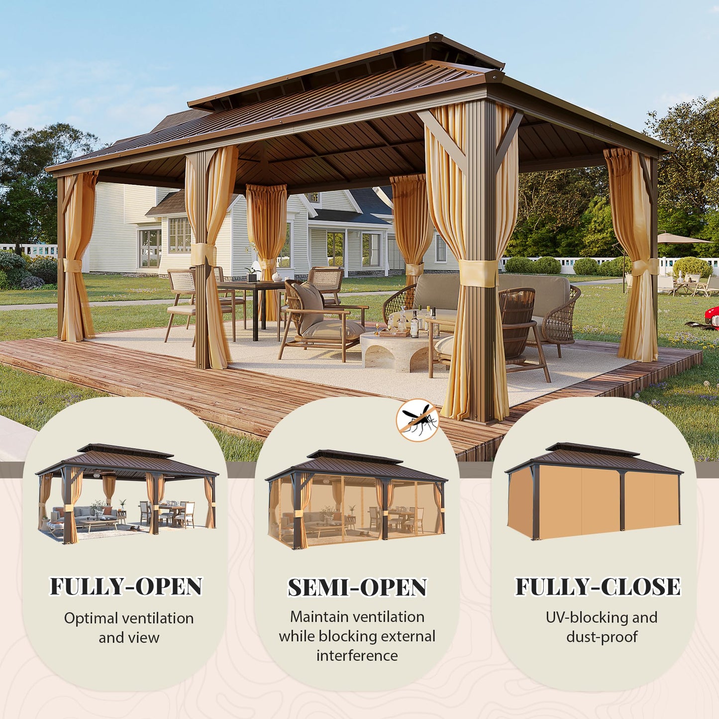 YOLENY 12' X 20' Hardtop Gazebo, Galvanized Steel Ventilation Double Roof Aluminum Frame, Curtains and Netting Included, Outdoor Gazebo for Garden, Patio, Lawns, Parties