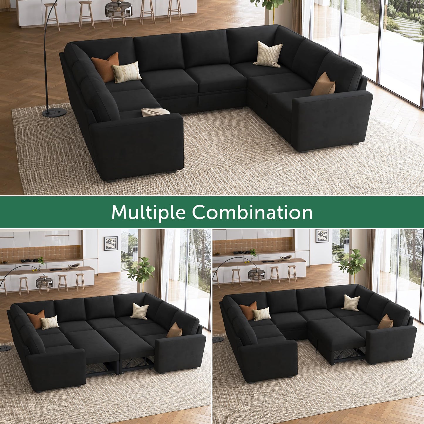 HONBAY Sleeper Sectional Couch with Pull Out Bed, Velvet Modular Sofa with Storage, U Shaped Sectional Couches for Living Room, Black