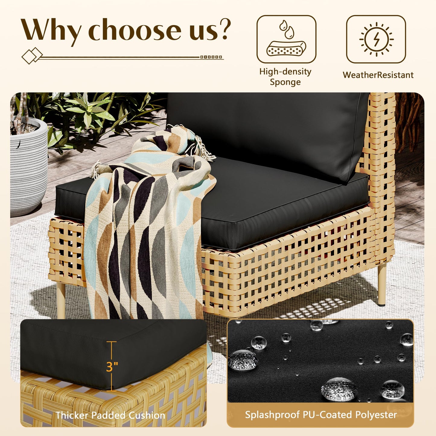 LHBcraft Patio Furniture Set, Large 7 Piece Wicker Outdoor Sectional Furniture Set with Coffee Table, Patio Conversation Sets Sofa, Hand Knitting, All-Weather Cushions for Backyard, Porch, Black