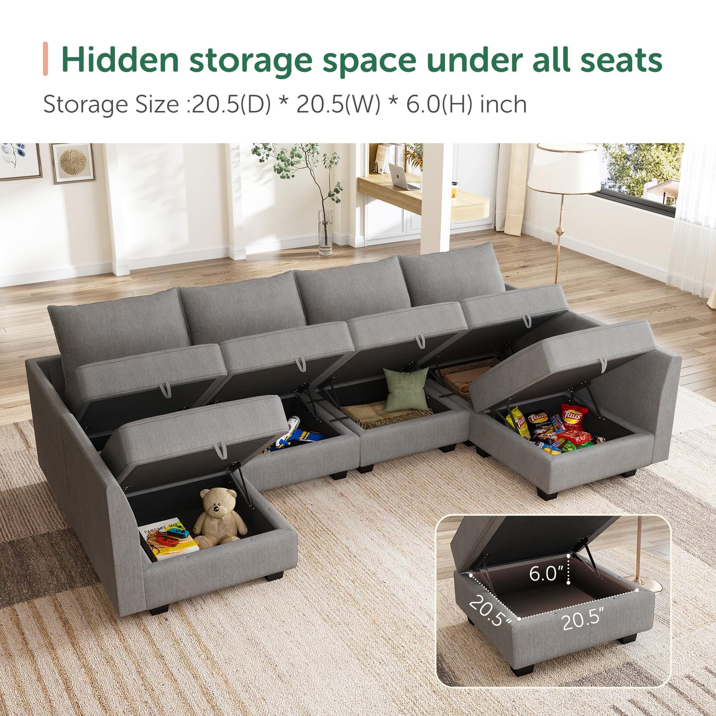 HONBAY Modular Sectional Sofa U Shaped Sectional Modular Sofa with Storage Convertible Sectional Couch for Living Room, Grey
