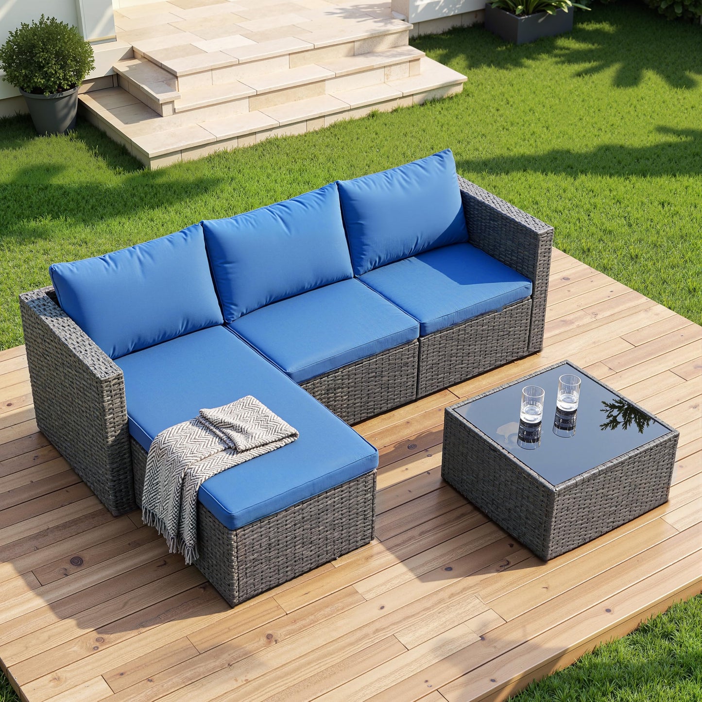 Shintenchi 4 Pieces Patio Furniture Sets, Outdoor Sofa Patio Sectional Sets All Weather, 2-in-1 Wicker Rattan Seating Sofa Couch with Cushions & Coffee Table for Yard, Garden, Porch, Poolside (Blue)