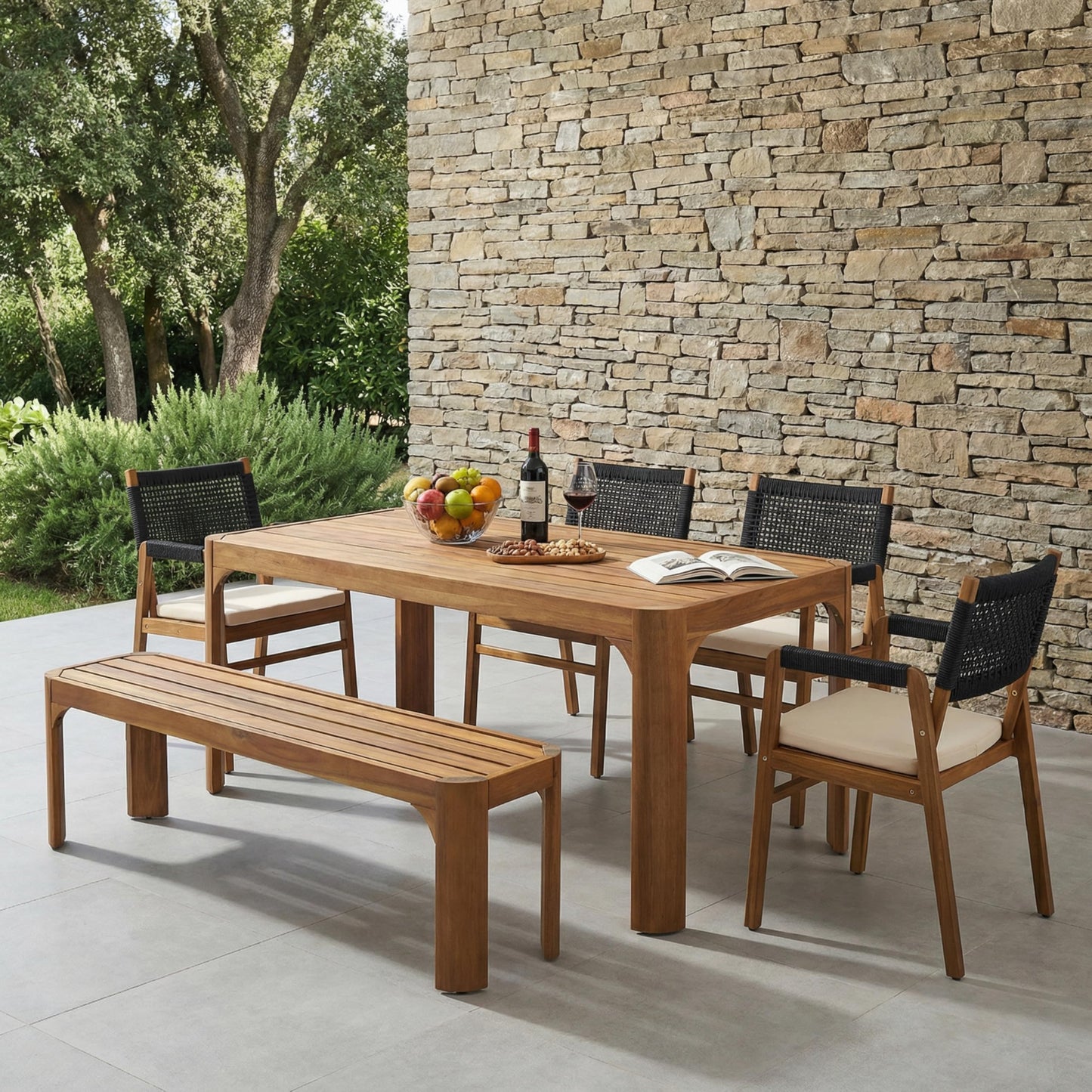 Christopher Knight Home 6-Piece Outdoor Acacia Wood Patio Dining Set, 70" Rectangular Table with 4 Rope Armchairs 1 Bench, Teak Finish Vietnamese Acacia Wood Garden Dining Furniture Set for Patio Deck