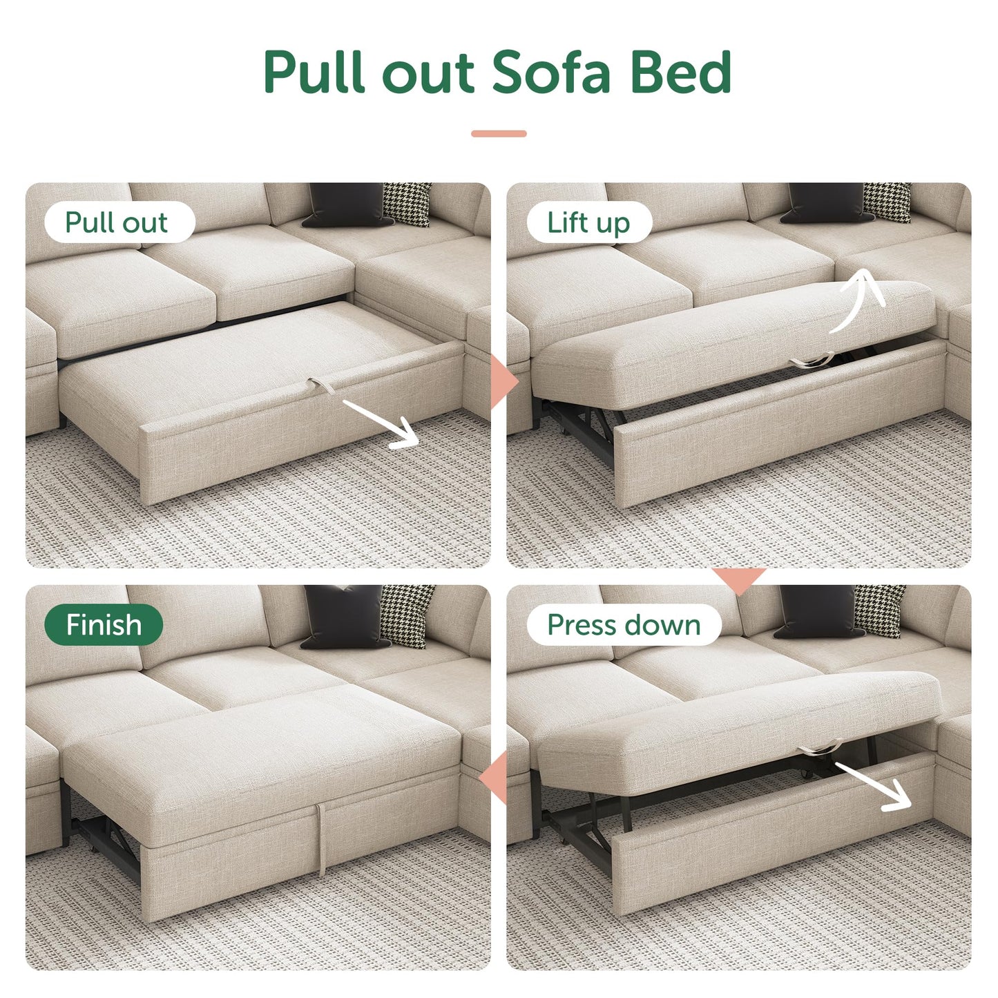 HONBAY Modular Sectional Sleeper Sofa Bed, Sectional Couch with Pull Out Bed U Shaped Modular Couch with Storage Ottoman for Living Room, Beige