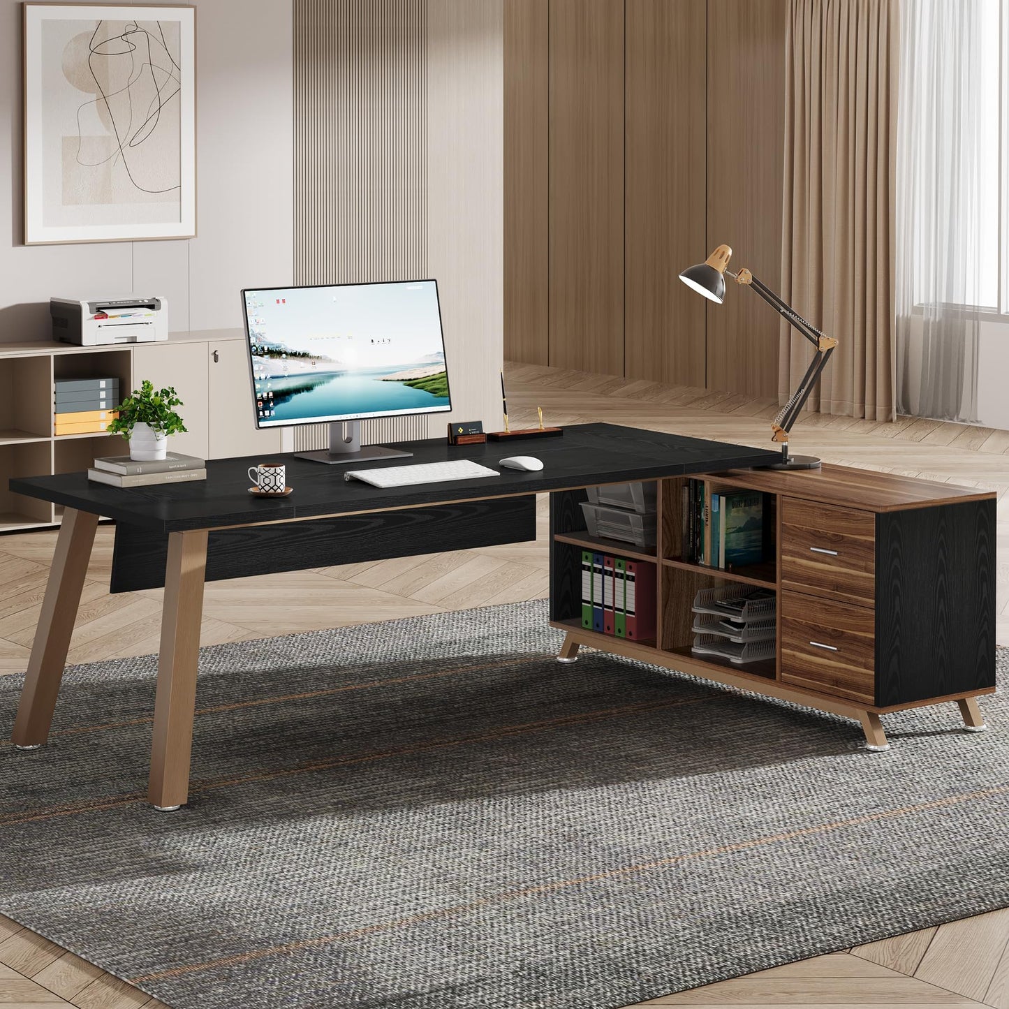 Tribesigns 78.7-Inch Executive Desk, L-Shaped Desk with 55-Inch Cabinet, Large Office Desk with Storage Shelves, Modern Computer Desk for Home Office, Black & Walnut