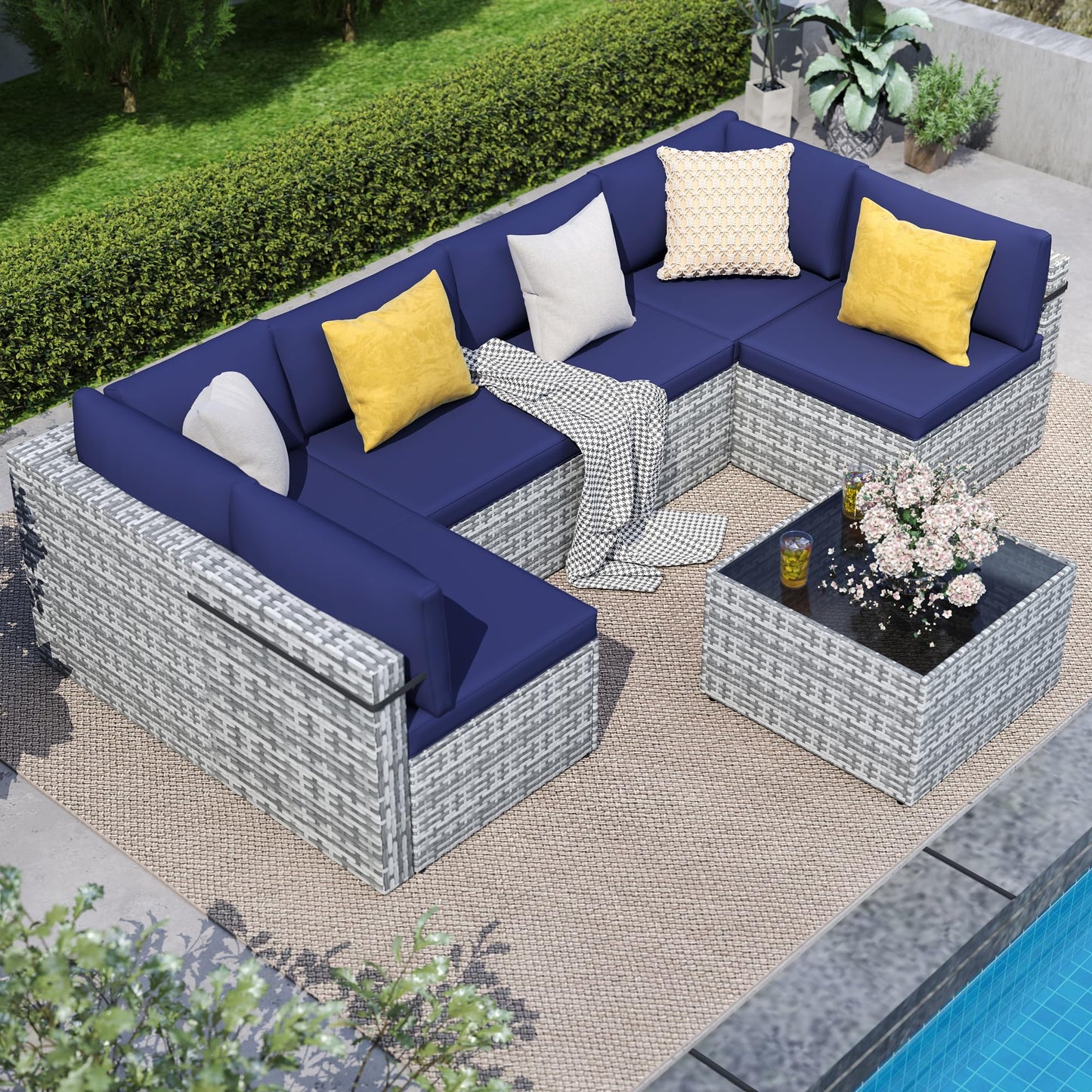 PATIOPIA 7-Piece Outdoor Sectional Sofa Set, Weather-Resistant Patio Furniture Set with Washable Cushions and Coffee Table, Grey Rattan Patio Conversation Set for Poolside, Backyard, Deck (Navy Blue)