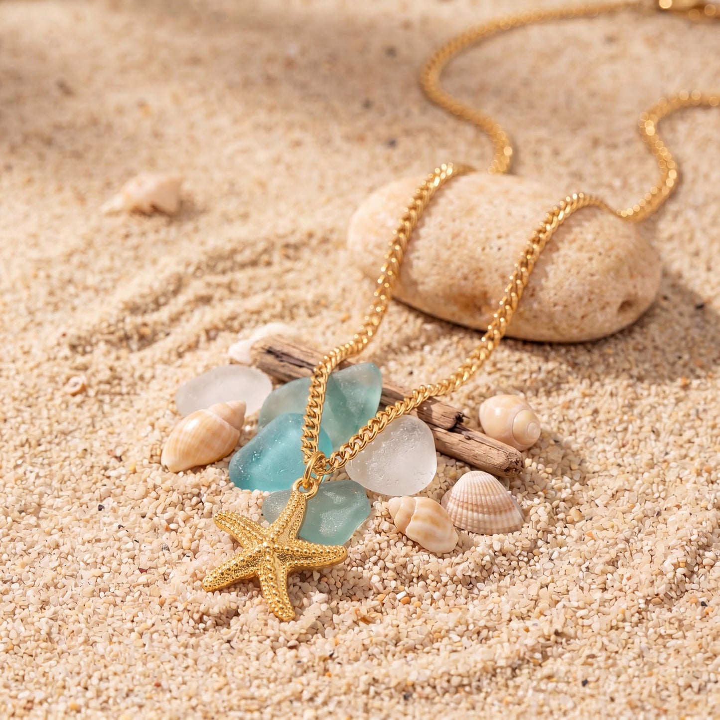 Shell Starfish Necklace for Women, 14k Gold Plated Boho Layered Beaded Charm Pendant Necklace, Dainty Adjustable Pearl Conch Summer Beach Vacation Jewelry Gifts(Starfish 1pcs)