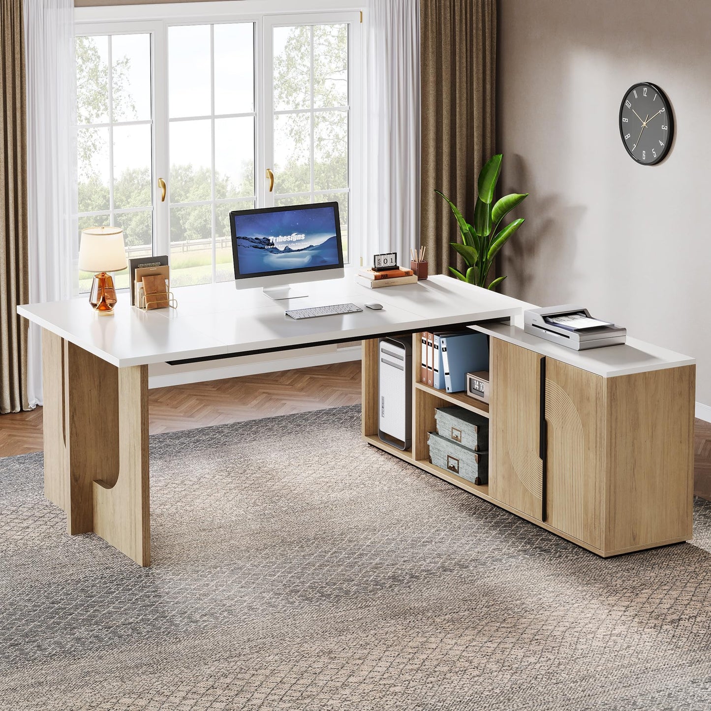 Tribesigns 74.8 Inch Executive Desk, Large Office Desk with Cabinet, L Shaped Computer Desk with Shelves and CPU Storage, Modern Home Office Desks Business Furniture Workstation Set, White and Wood