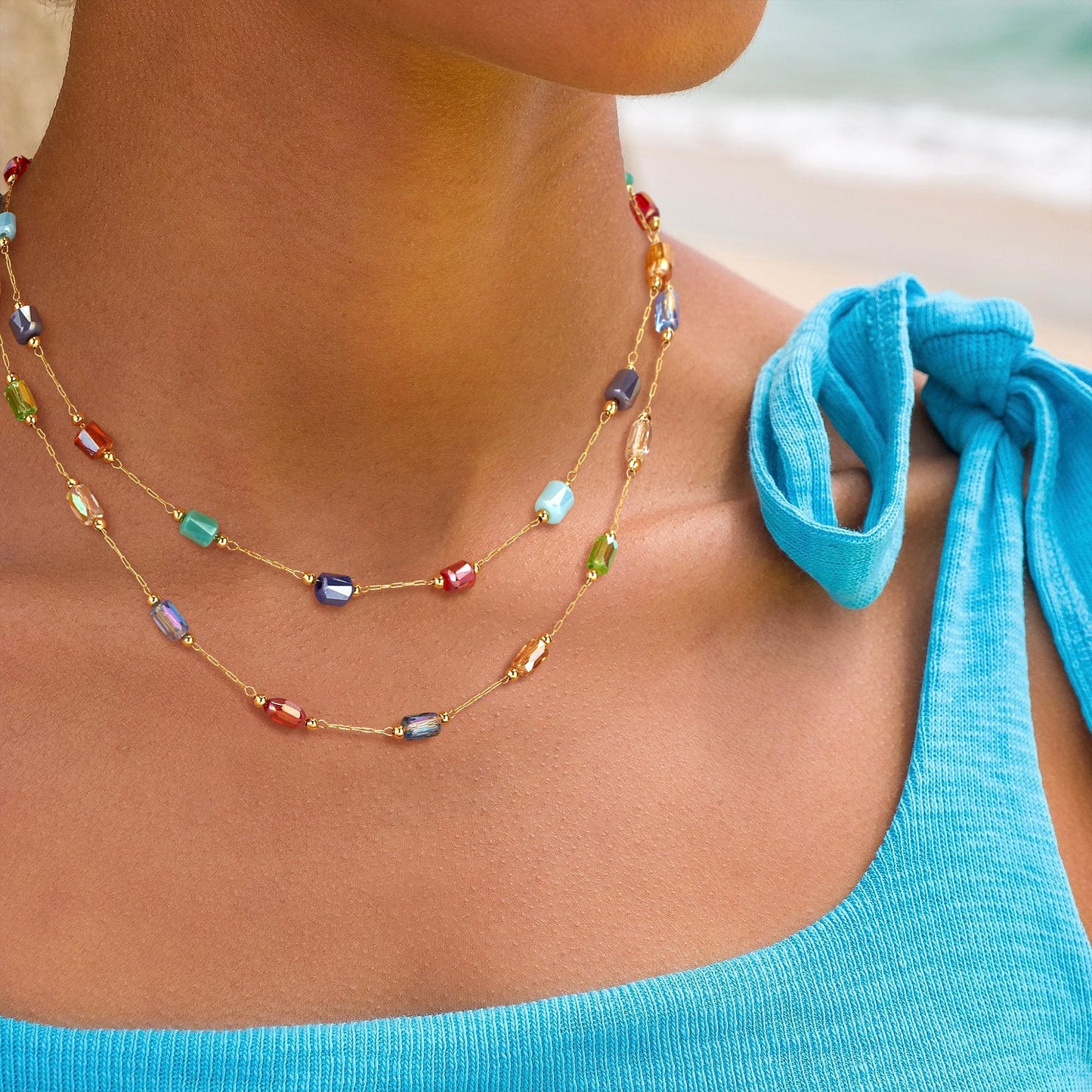 MTMY Beaded Necklaces for Women 14K Gold Plated Dainty Colorful Green/Rose Beaded Pearl Choker Necklace Delicate Boho Choker Necklace Jewelry Gift (mixed color cuboid)