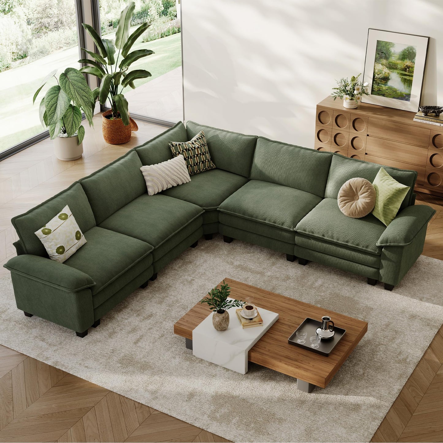 LINSY HOME Modular Sectional Sofa Couch Corduroy Cloud Couches for Living Room, V-Shaped Cloud Couch Sectional Sofas for Bedroom and Apartment, Green