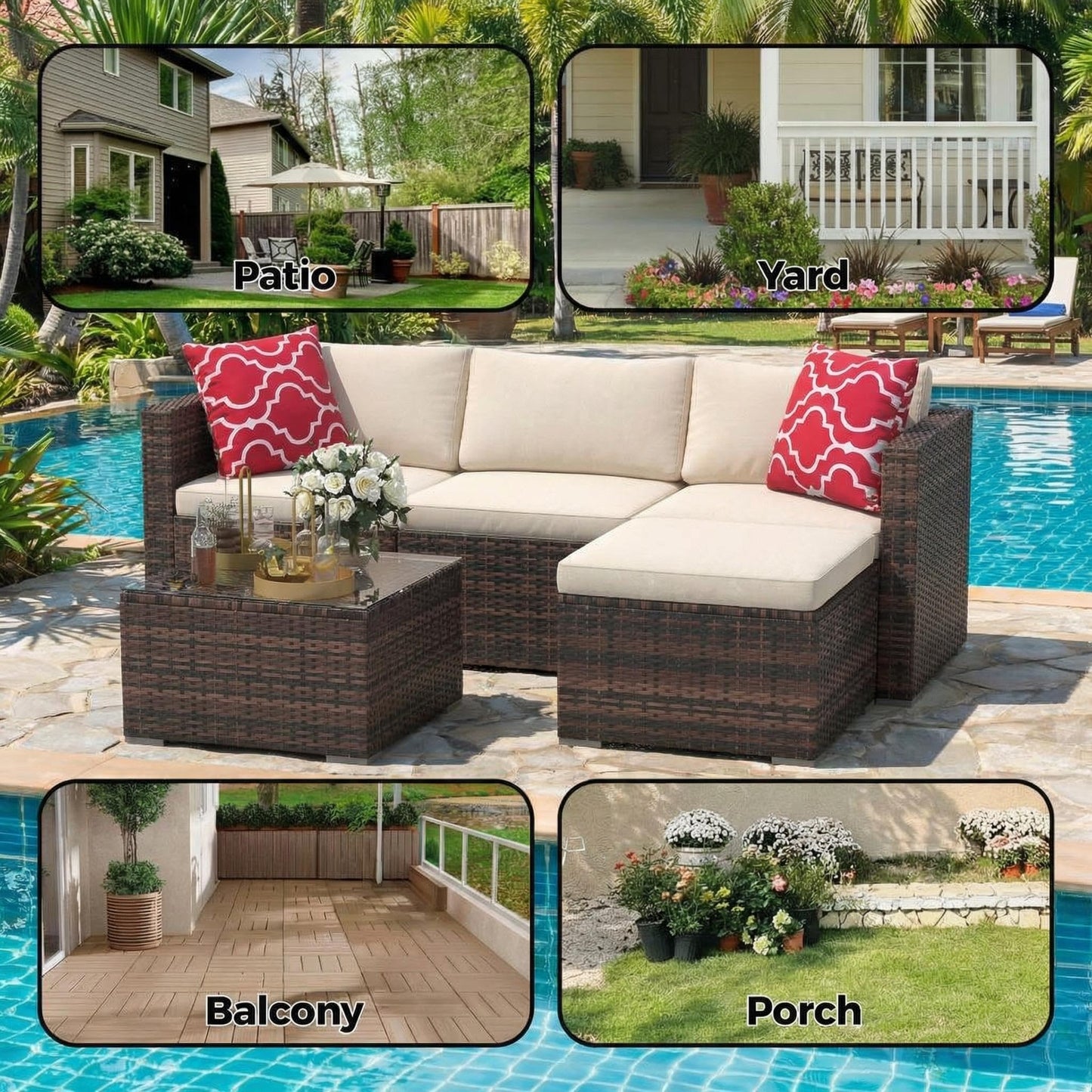 GarveeTech 5 Pieces Patio Furniture Set, All Weather Wicker Rattan Sectional Sofa, Outdoor Patio Furniture Set with Washable Cushions for Garden, Backyard, Porch, Poolside (Brown&Beige) ﻿