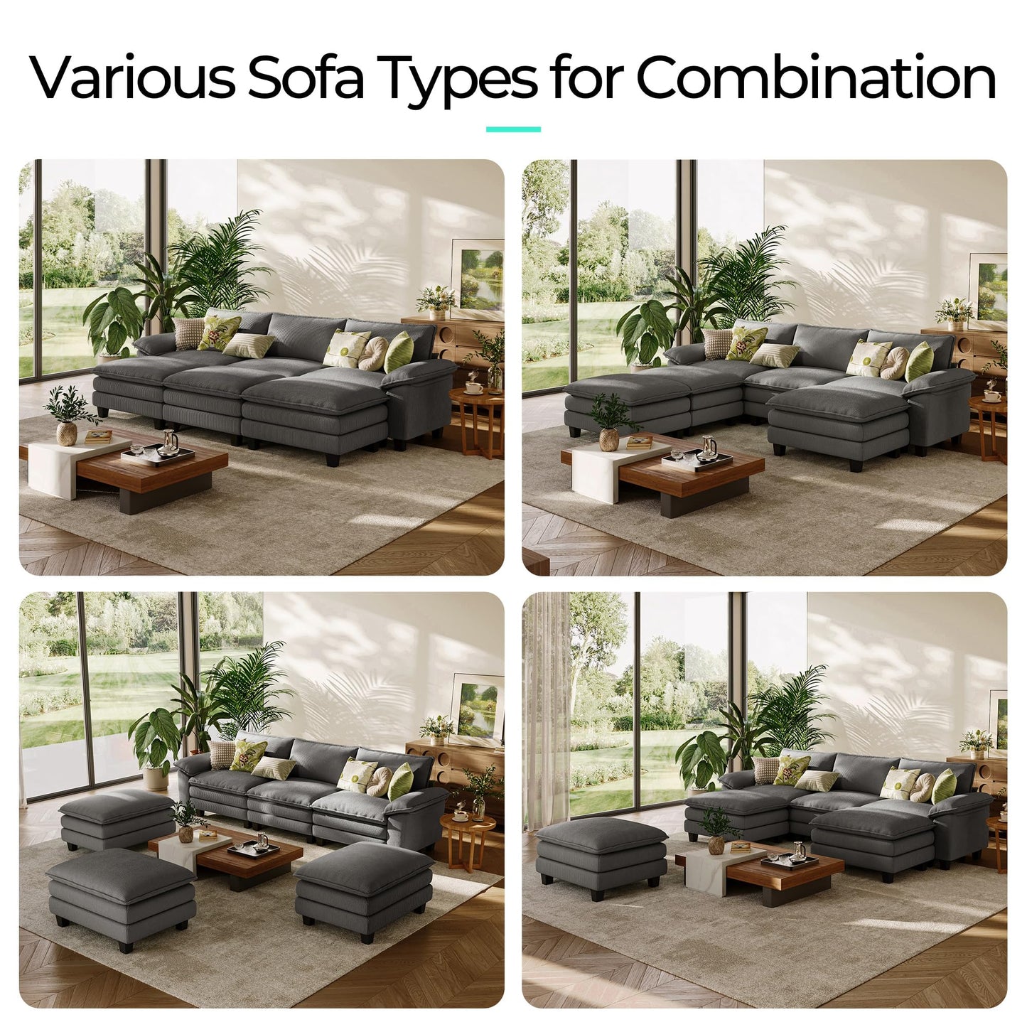LINSY HOME Modular Sectional Sofa - 123 Inch Oversized Corduroy Cloud Couch with Movable Ottoman Soft Modern Comfy Sofa Set for Living Room Apartment Office, Grey