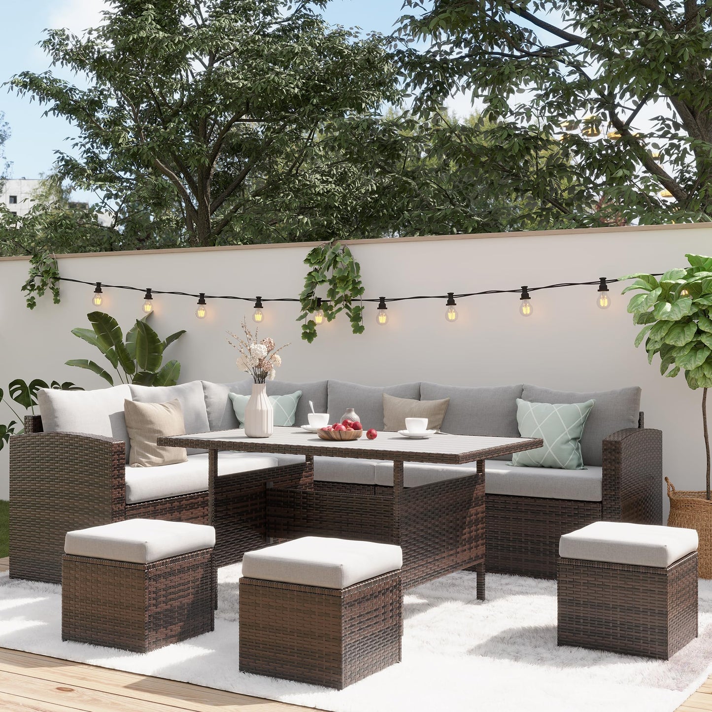 Wisteria Lane 7 Piece Patio Furniture Set, Wicker Patio Sectional with Wide Armrest, All Weather Outdoor Dining Set, Outdoor Furniture Patio Conversation Set with Ottoman, Grey