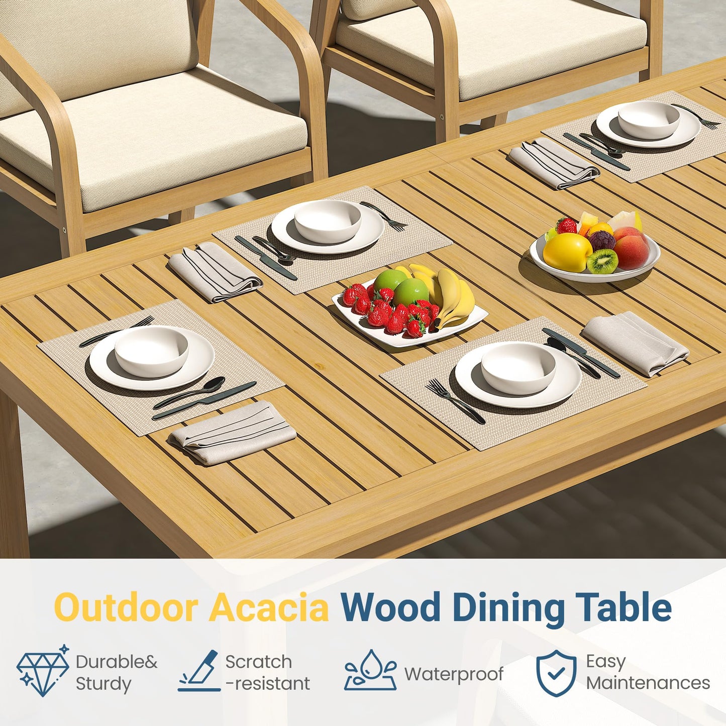 6-Piece Acacia Patio Table and Chairs Set with 23" Extra Wide Chair and Removable Cushion，Outdoor Dining Sets for 6, All-Weather Solid Wood Outdoor Patio Furniture Set for Garden Lawn, Beige