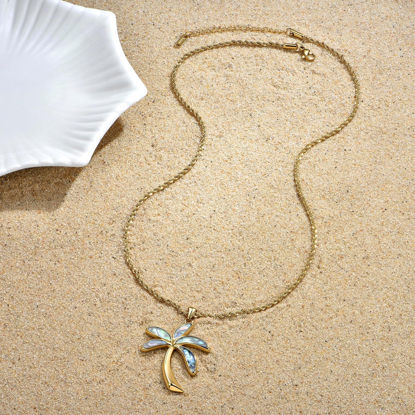 NUZON Abalone Shell Palm Tree Necklace for Women, 18K Gold Plated Stainless Steel Coconut Tree Pendant, Waterproof Hypoallergenic 20.5 Inch Twisted Rope Chain, Tropical Beach Vacation Jewelry Gift for Her
