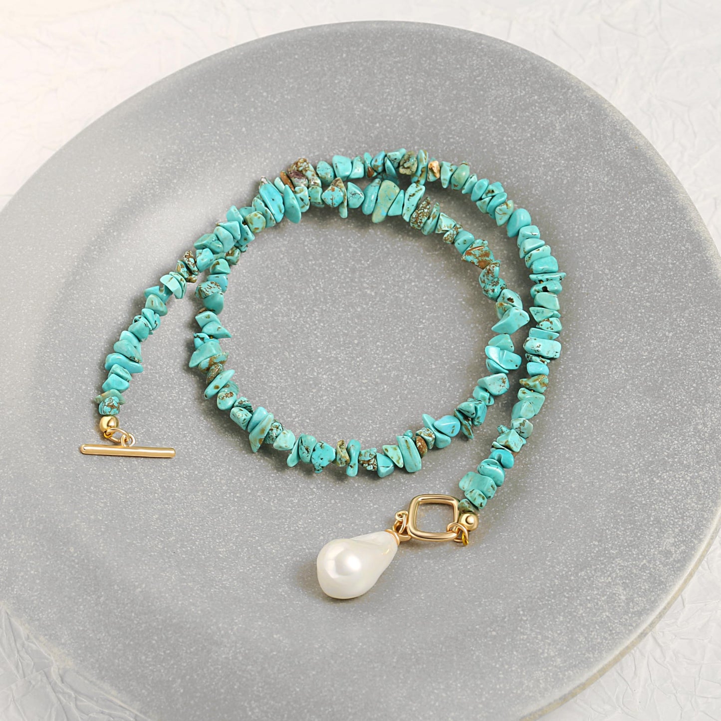 PEARLADA Boho Statement Turquoise Choker, Dainty Baroque Pearl Pendant Necklace, Trendy Turquoise Jewelry for Summer