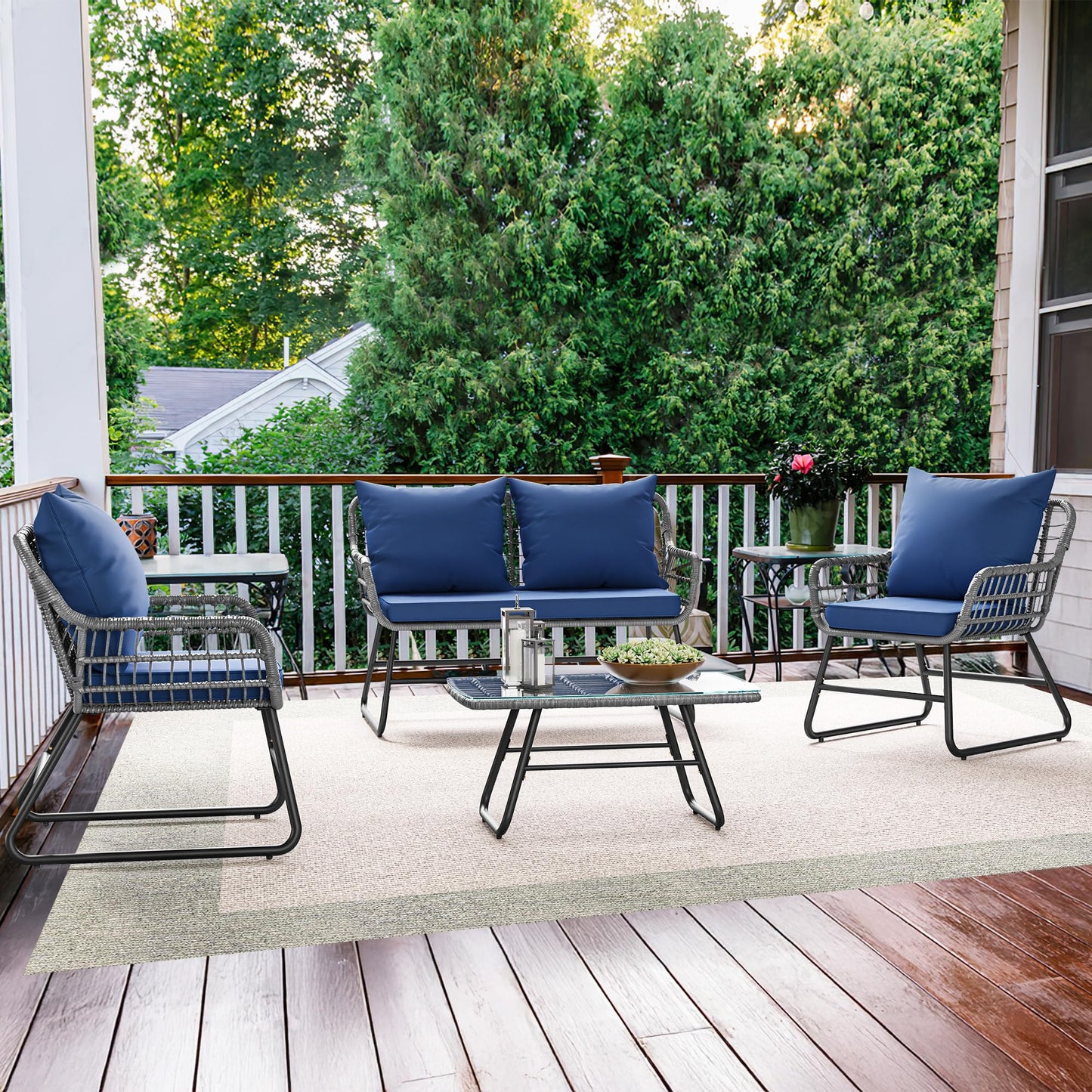 YITAHOME 4 Piece Patio Furniture Set, Wicker Outdoor Bistro Set, All Weather Rattan Patio Conversation Set with Soft Cushions and Glass Side Table for Backyard, Balcony, Deck - Navy Blue