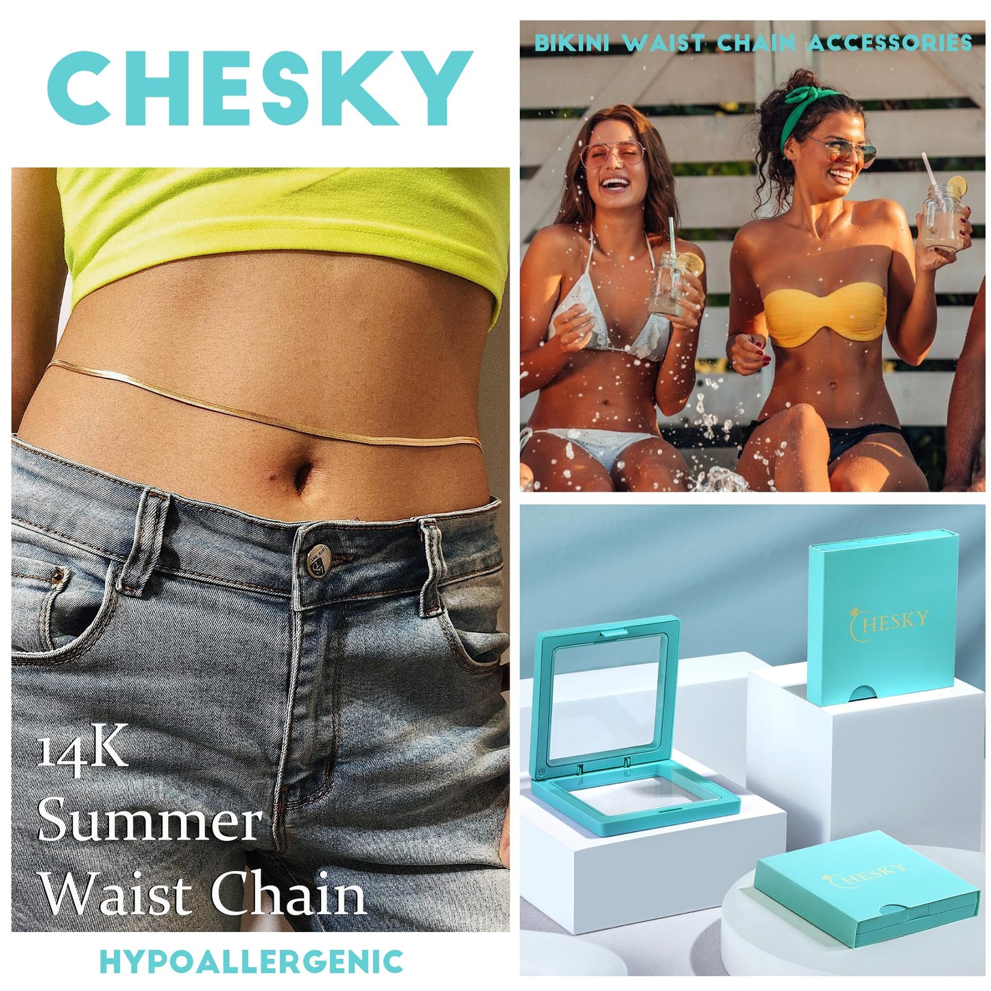 CHESKY 14K Gold Plated Waist Chain for Women, Belly Belt Chains Beach Waist Chain Waterproof Herringbone Snake Body Chain Summer Jewelry Accessories for Women