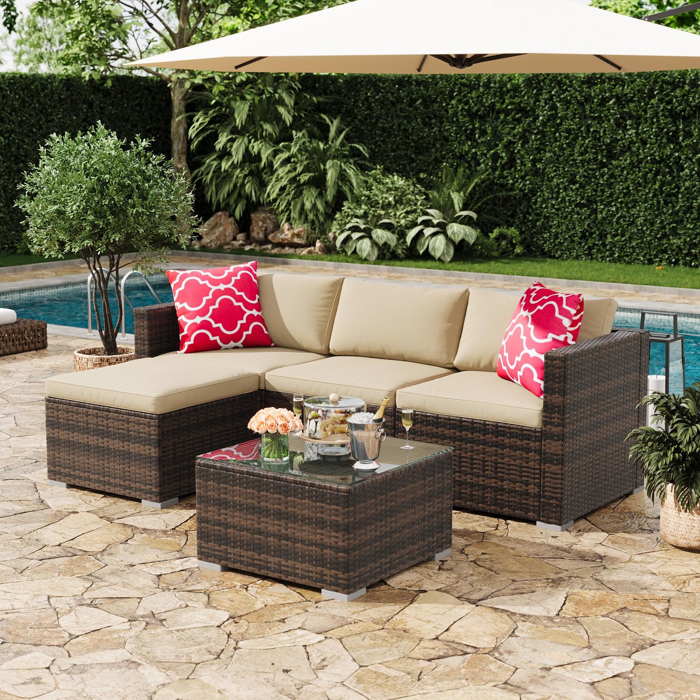 GAOMON 5-Piece All-Weather Patio Furniture Set, Convertible Outdoor Sectional Sofa with Ottoman & Tempered Glass Table, PE Rattan Conversation Set for Garden, Backyard, Porch, Poolside