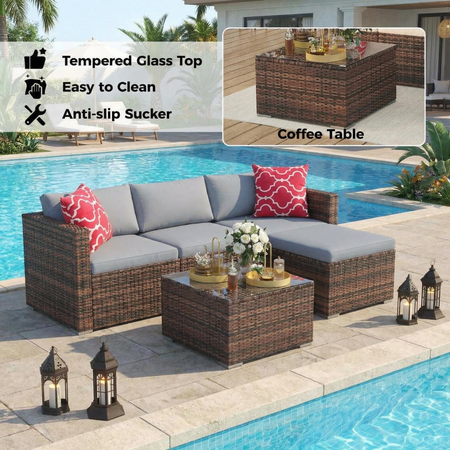5-Piece Patio Sectional Sofa Set, All-Weather Brown PE Rattan Outdoor Conversation Furniture with Neutral-Tone Cushions, Glass Coffee Table & Footstool, Modular Design for Garden, Porch, Balcony, Pool