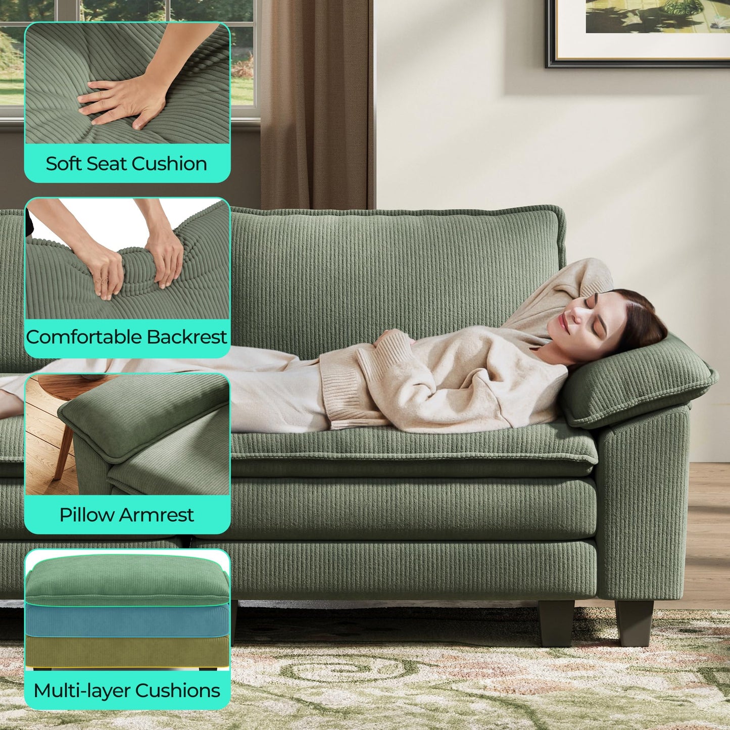 LINSY HOME Modular Sectional Sofa - Oversized Corduroy Cloud Couch with Movable Ottoman Soft Modern Comfy Sofa Set for Living Room Apartment Office, Green