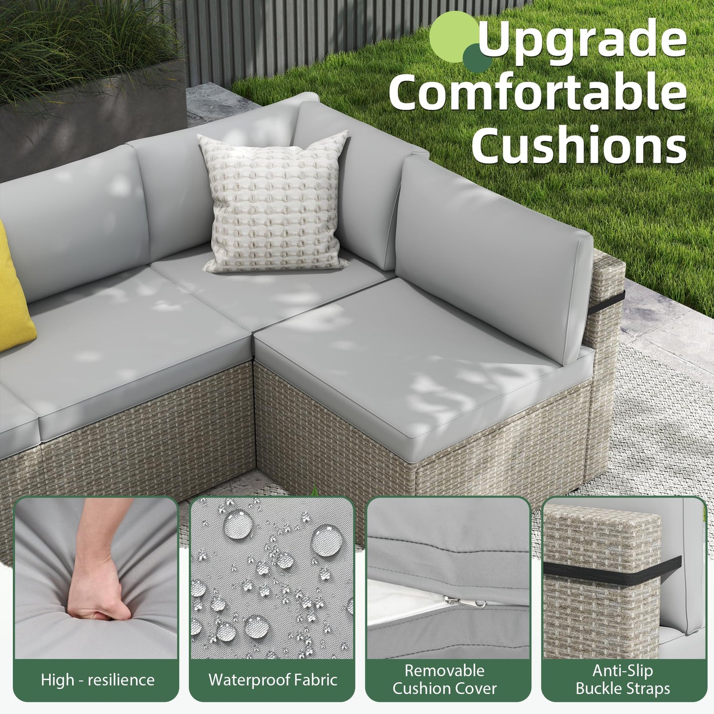 PATIOPIA 7-Piece Outdoor Sectional Sofa Set, Weather-Resistant Patio Furniture Set with Washable Cushions and Coffee Table, Grey Rattan Patio Conversation Set for Poolside, Backyard, Deck (Grey)