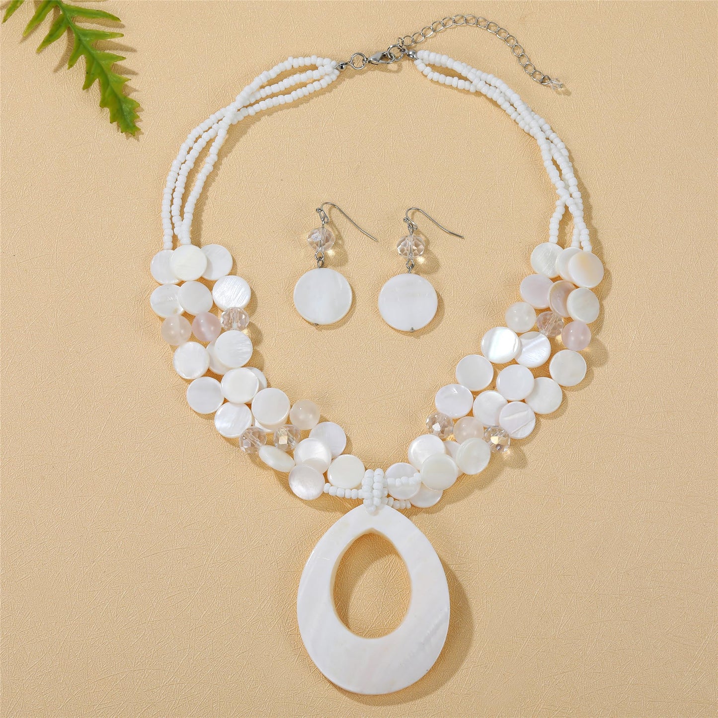 Aenu Multi-Strand Beaded Necklace with Teardrop Pendant Colorful Beads Statement Jewelry Set for Women (White)