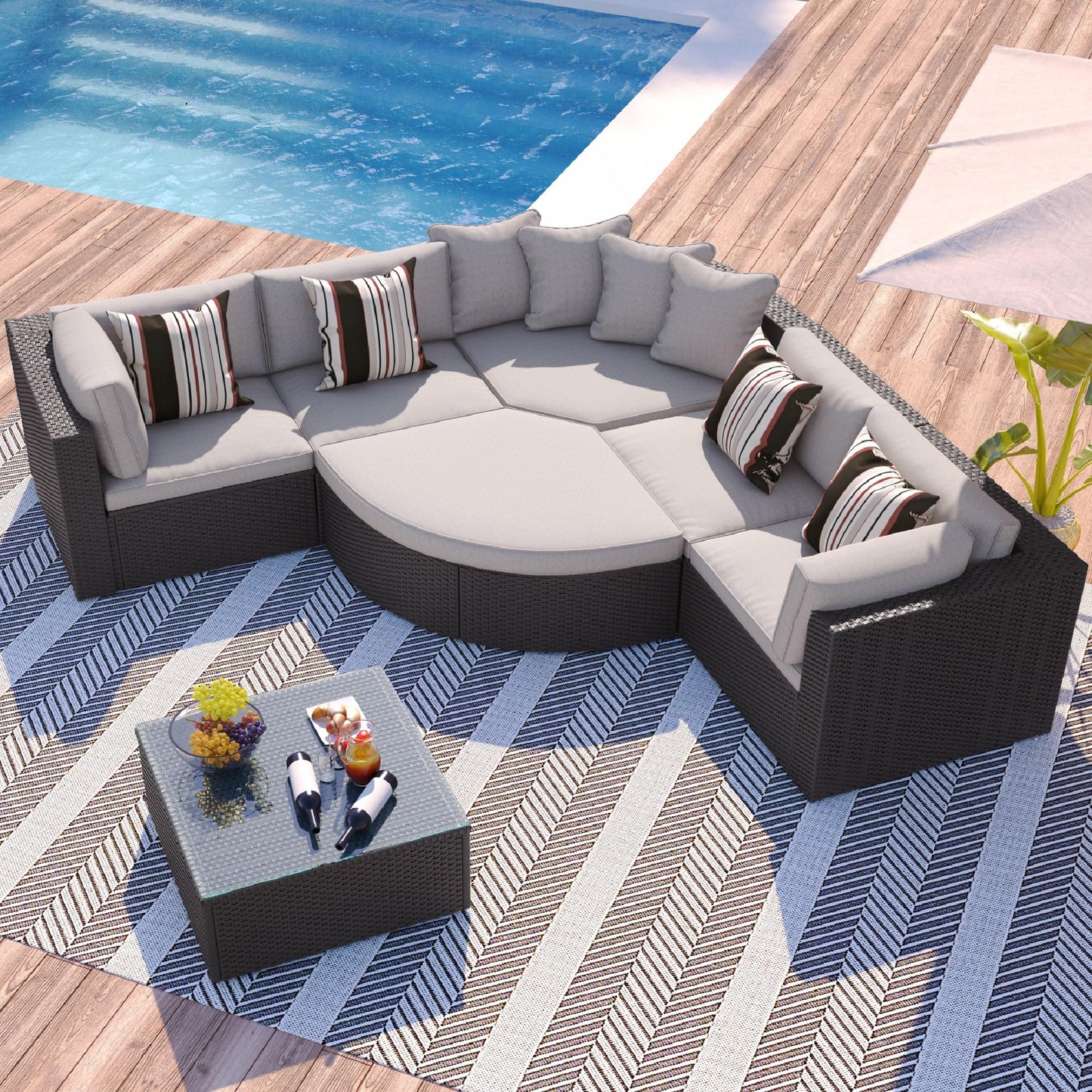 Merax 7 Pieces Outdoor Patio Furniture, 6 Seat Wicker Sectional Lounger Sofa Chair Set with Table, All Weather Rattan Conversation Sleeper Couch Bed Sets for Garden Poolside, Cushions & Pillows, Beige