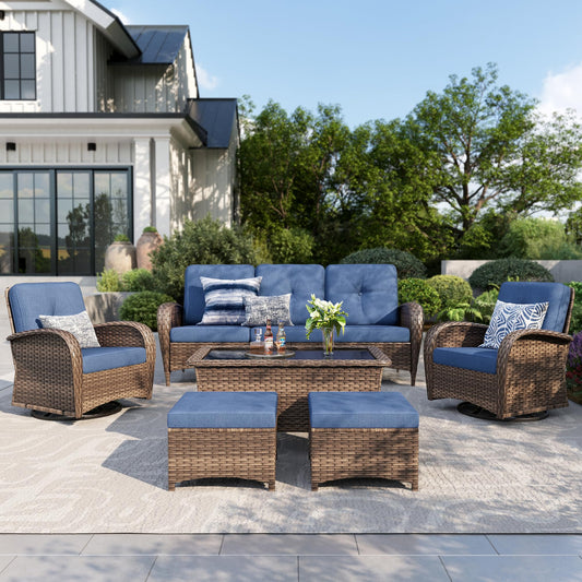PHI VILLA Patio Furniture Set, 6 Pieces Wicker Outdoor Conversation Set with 2 High Back Patio Swivel Chairs, 3-Seat Rattan Patio Sofa Couch, 2 Muti-Functional Ottomans (Navy Blue Cushions)