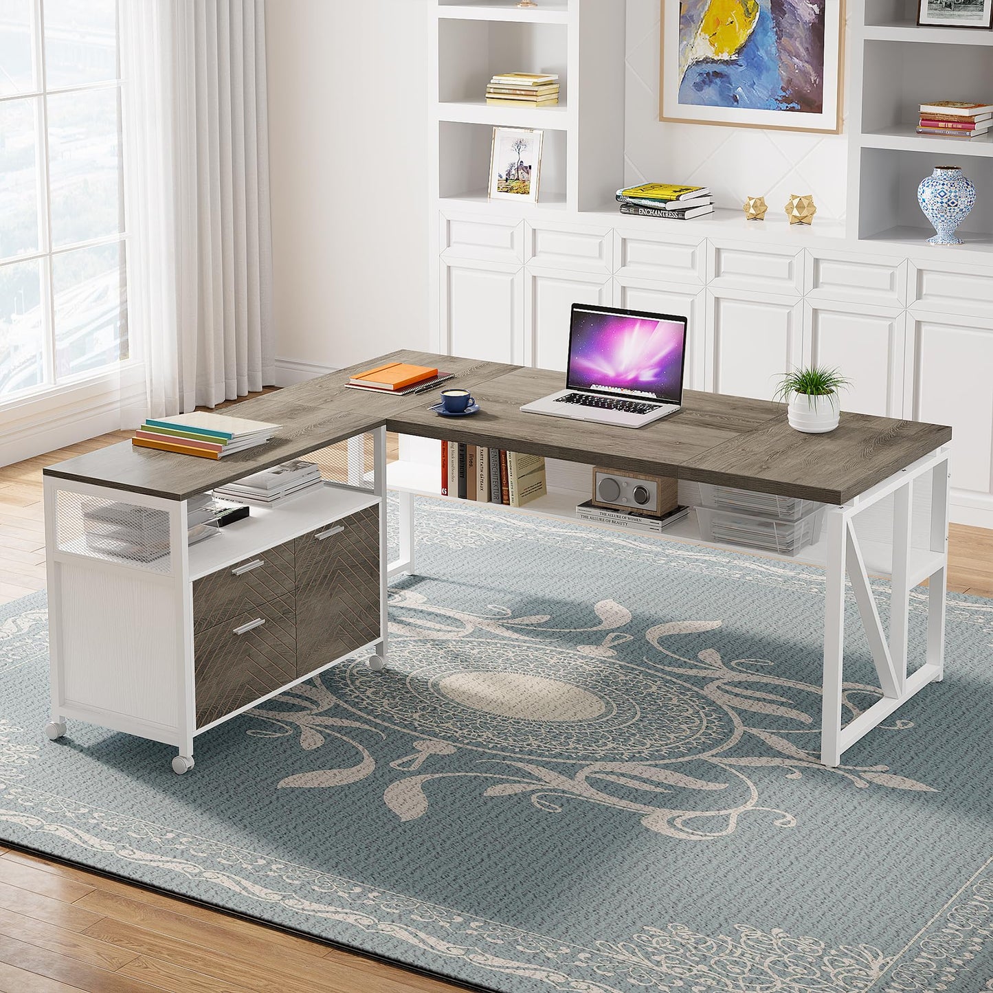 Tribesigns L Shaped Desk with Drawer Cabinet, 63" Executive Computer Desk and lateral File Cabinet, 2 Piece Home Office Furniture with Drawers for Hanging File, Doors with Locks (Dark Oak, 63-inches)