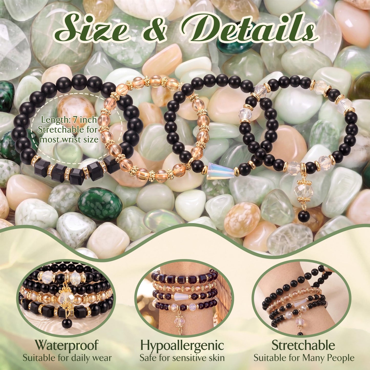 Tungary 4Pcs Beaded Bracelets for Women Bohemian Bracelet Stacks Handmade Natural Stone Stretch Bracelets Multi-Color Daily Wear Accessories Summer Beach Boho Jewelry Gift Black Bracelet Set
