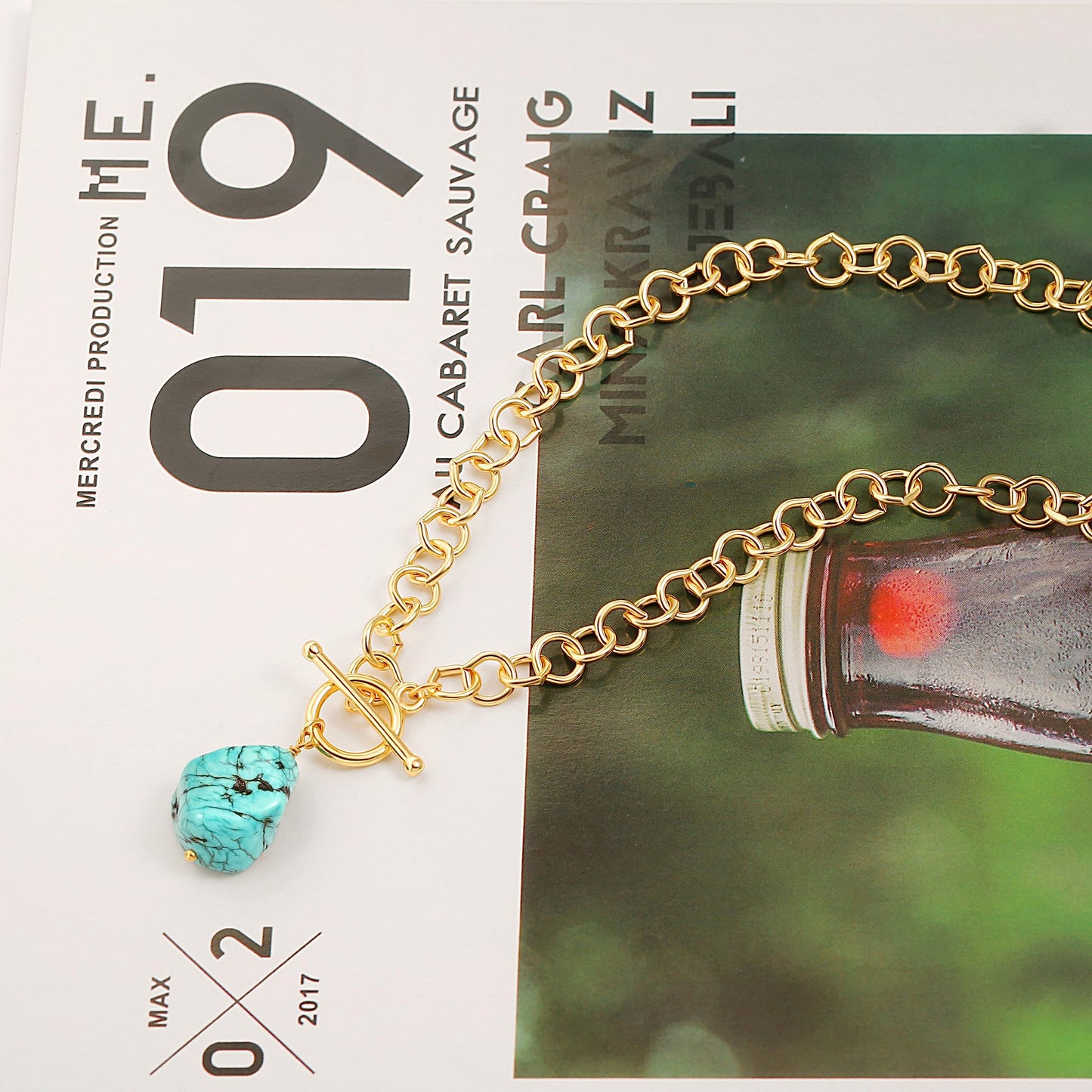 PEARLADA Natural Turquoise Stone Pendant Necklace, Chunky 18k Gold Plated Toggle Necklace, Statement Turquoise Jewelry for Women
