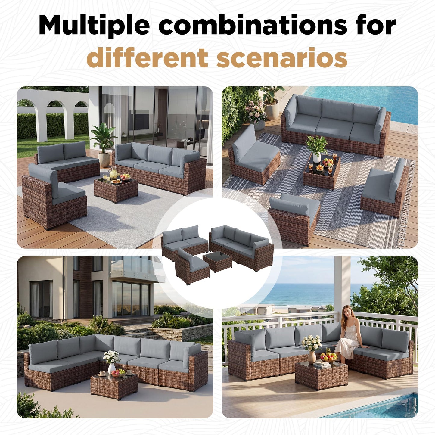 LHBcraft 7 Pieces Outdoor Wicker Rattan Patio Furniture with Rain Cover, Wicker Rattan Outdoor Sectional Sofa Set with Coffee Table & Blue Cushions for Garden, Poolside