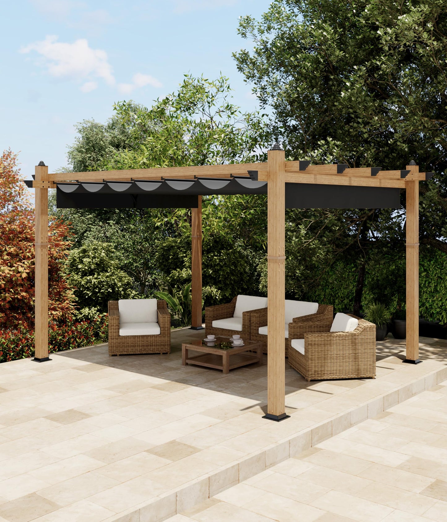 KYBOLT 10x13 Ft Outdoor Pergola with Retractable Canopy Upgraded Wood Grain Patio Pergola for Modern Backyard Deck Porch Grape Trellis - Gray