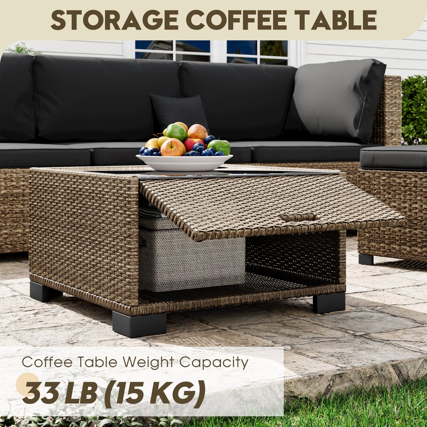 LHBcraft 7 Piece Outdoor Patio Furniture Set, Wicker Patio Furniture Set Outdoor Patio Sectional Sofa for Backyard Rattan Patio Seating with Black Cushion