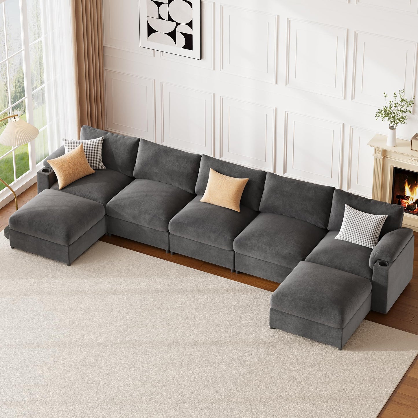 Sectional Couches for Living Room FSC Certified Velvet Modular Couch Oversized Cloud U Shaped Convertible Sleeper Sofa Chaise Detachable Armrest Cushion (Velvet Grey, U Shape 7 Seat)