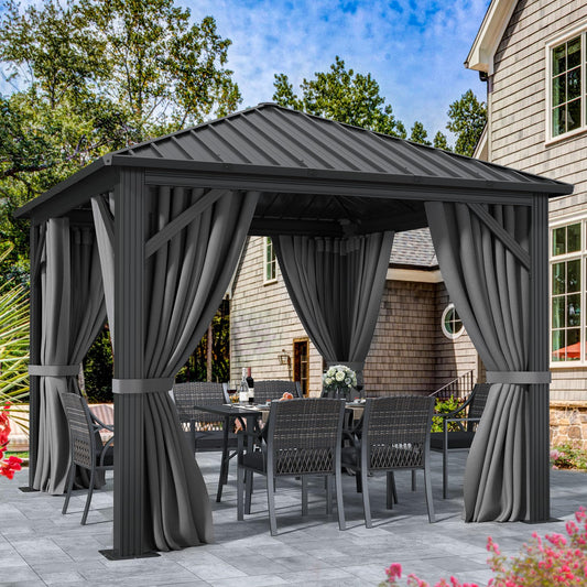 YITAHOME 10X10FT Metal Hardtop Gazebo Outdoor Patio Single Top Canopy Galvanized Iron Aluminum Column Garden Tent Curtains Netting for Backyards Decks Lawns,Gray