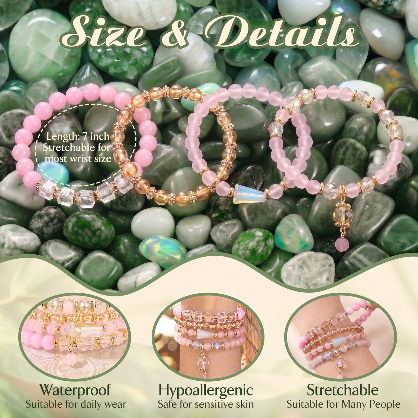Tungary 4Pcs Beaded Bracelets for Women Bohemian Bracelet Stacks Handmade Natural Stone Stretch Bracelets Multi-Color Daily Wear Accessories Summer Beach Boho Jewelry Gift Pink Style