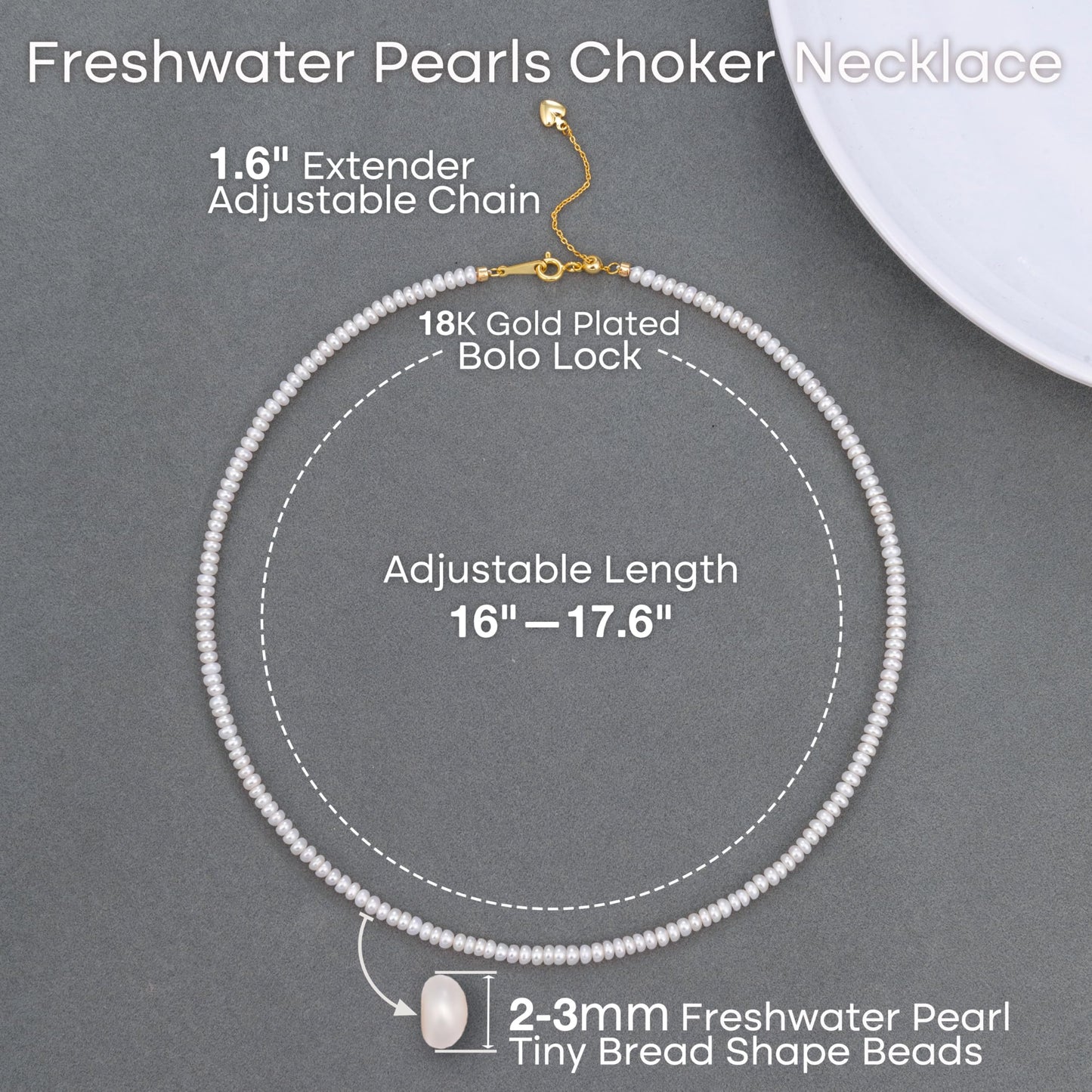 Pearls Necklace, Freshwater Tiny Small Bread Pearls Necklace for Women's Pearl Strand Necklace Chain 18K Gold Plated Hypoallergenic White Necklace as Prom Bridesmaid Birthday Gifts(Bread, 18KGP Lock)
