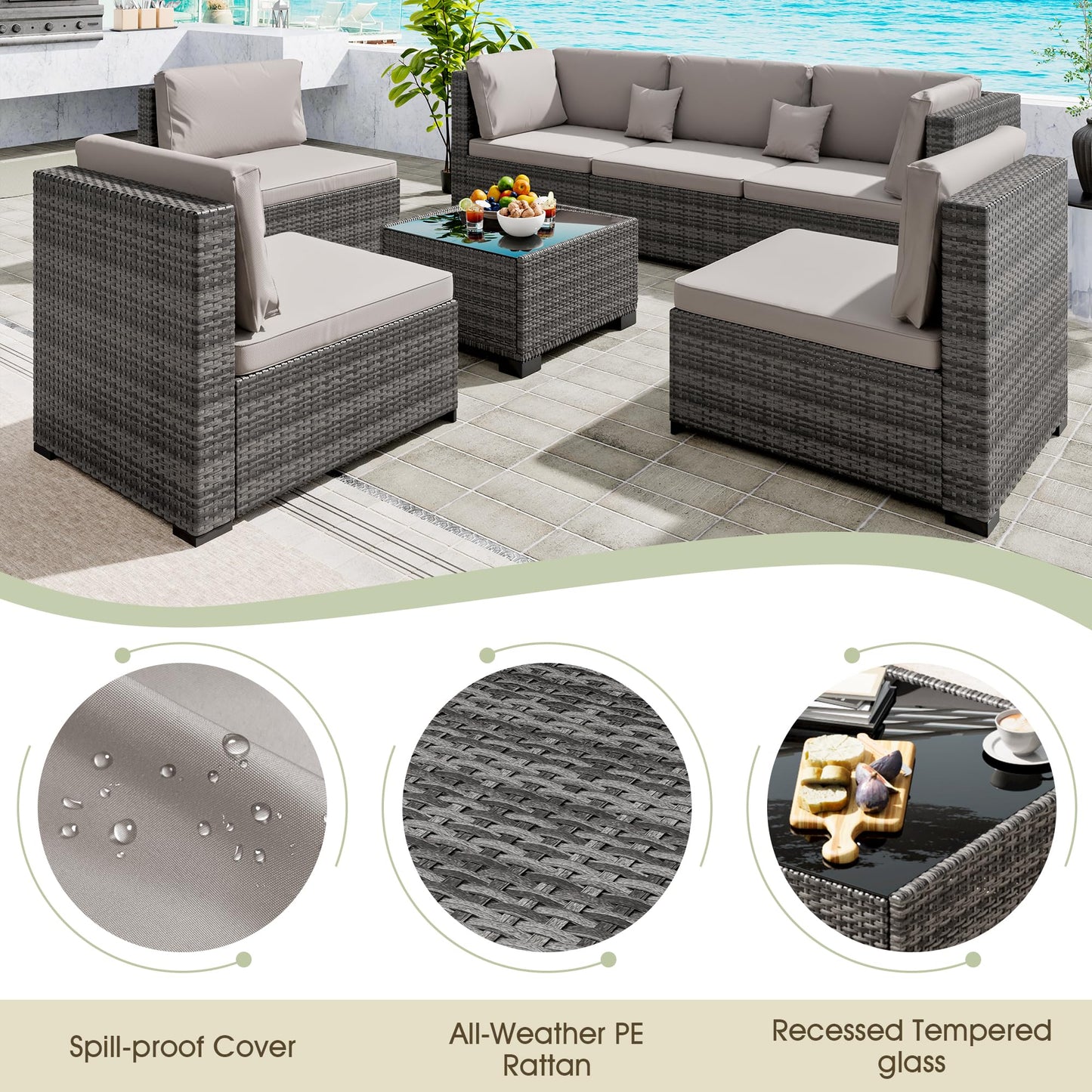LHBcraft 7 Piece Patio Outdoor Furniture Set, Outdoor Sectional, All-Weather Hand-Woven Wicker Patio Sectional Sofa, Rattan Outside Furniture with Grey Cushion and Glass Coffee Table