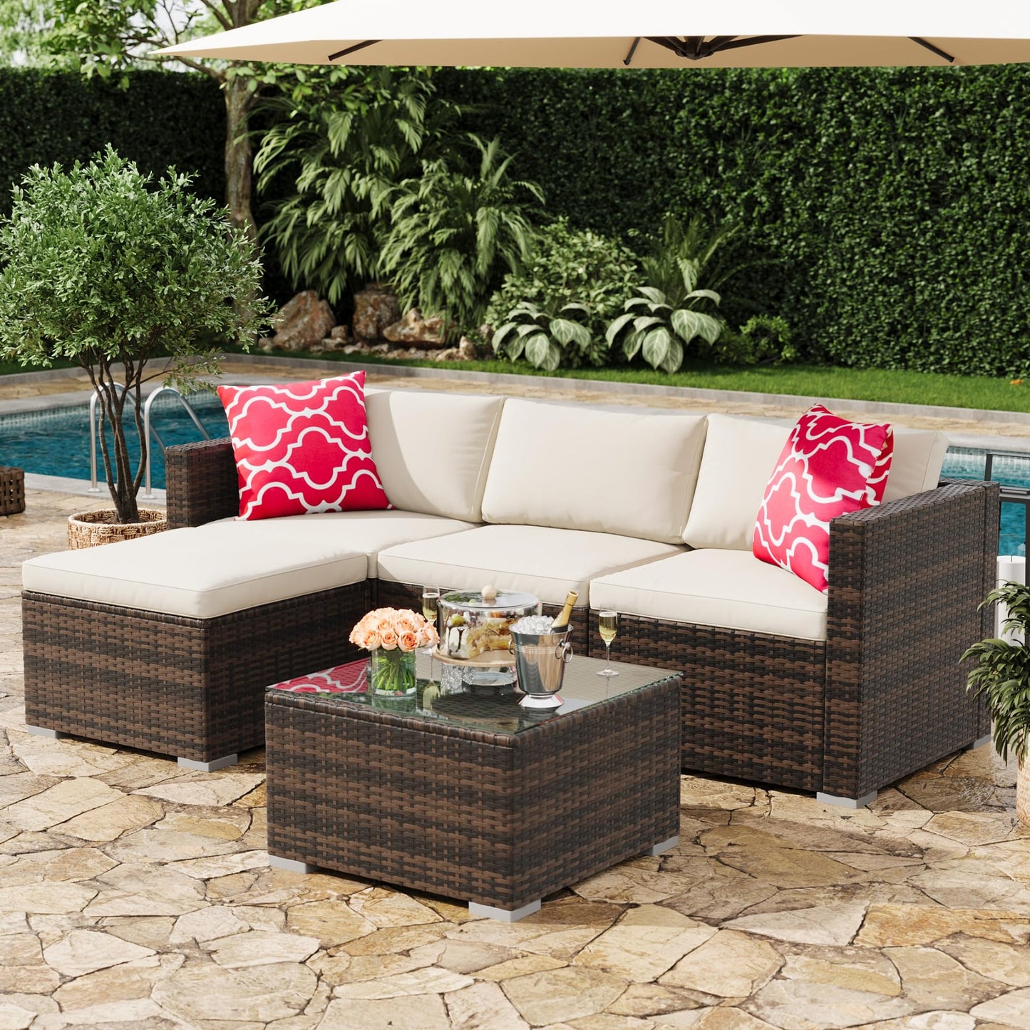 MilleLoom 5-Piece Outdoor Sectional Sofa Set, All-Weather PE Rattan Patio Furniture with Ottoman & Tempered Glass Table, Convertible Garden Couch for Backyard, Porch, Poolside (Brown/Beige)