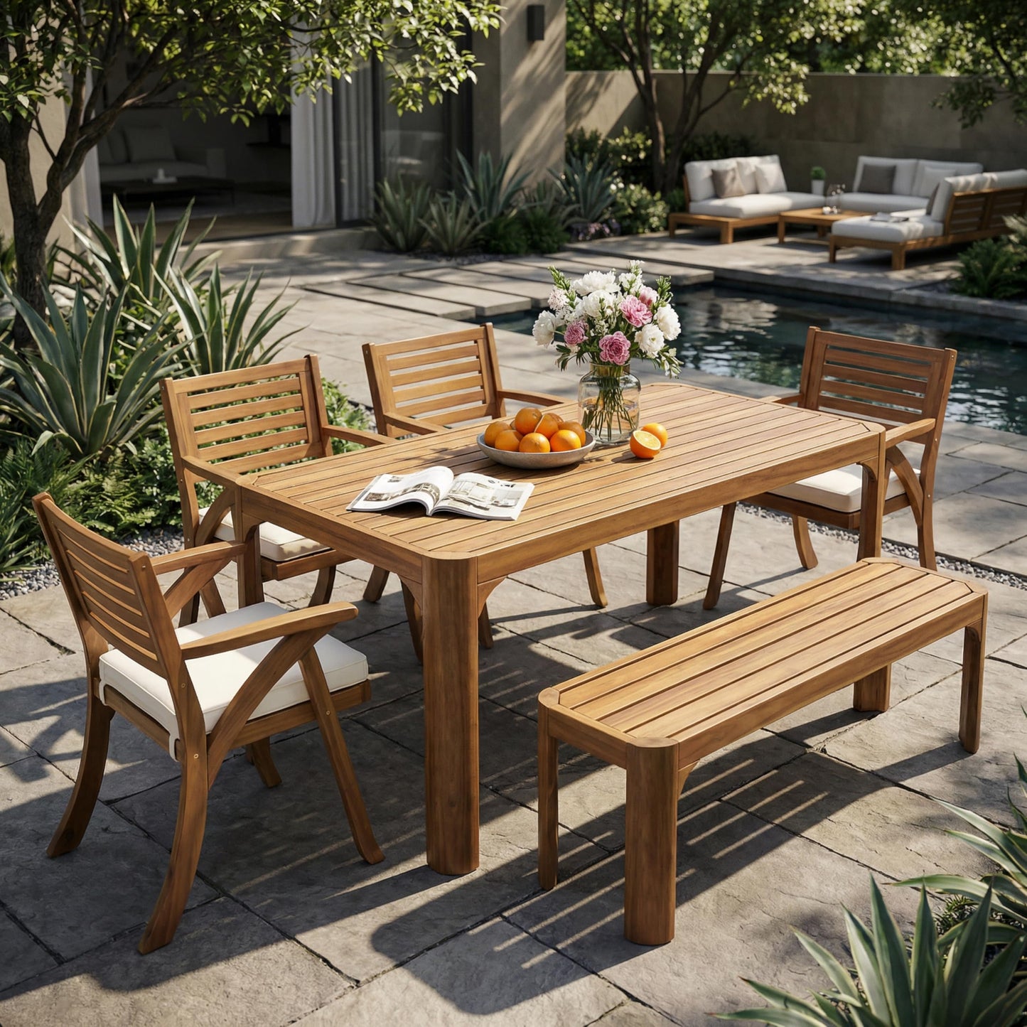 Christopher Knight Home Outdoor 6 Piece Dining Set – 70" Acacia Wood Table with 4 KD Chairs Include Cushions & 57" Bench, Teak Finish Patio Garden Backyard Furniture Set