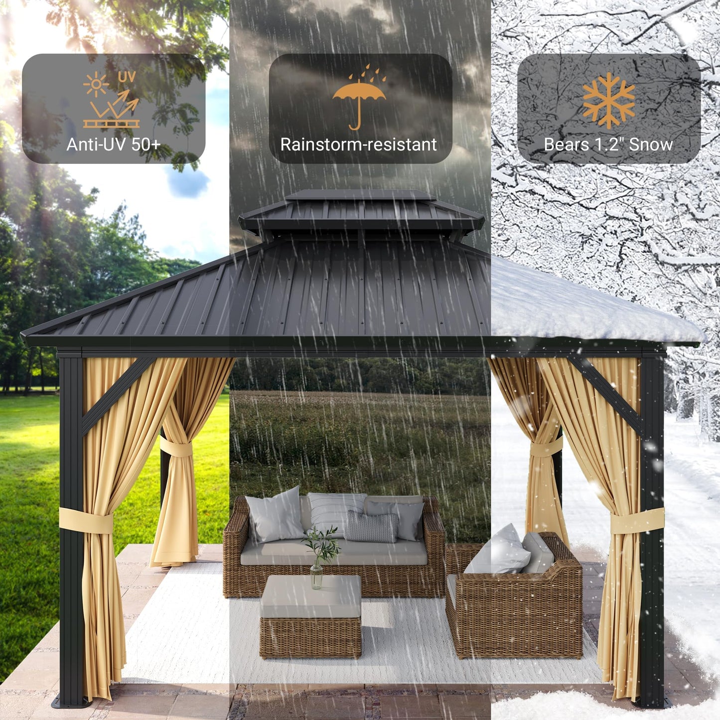 10 x 12 ft Hardtop Gazebo, Galvanized Steel Double Roof with Curtains and Netting, Aluminum Frame Patio Gazebo for Patio, Garden and Lawn