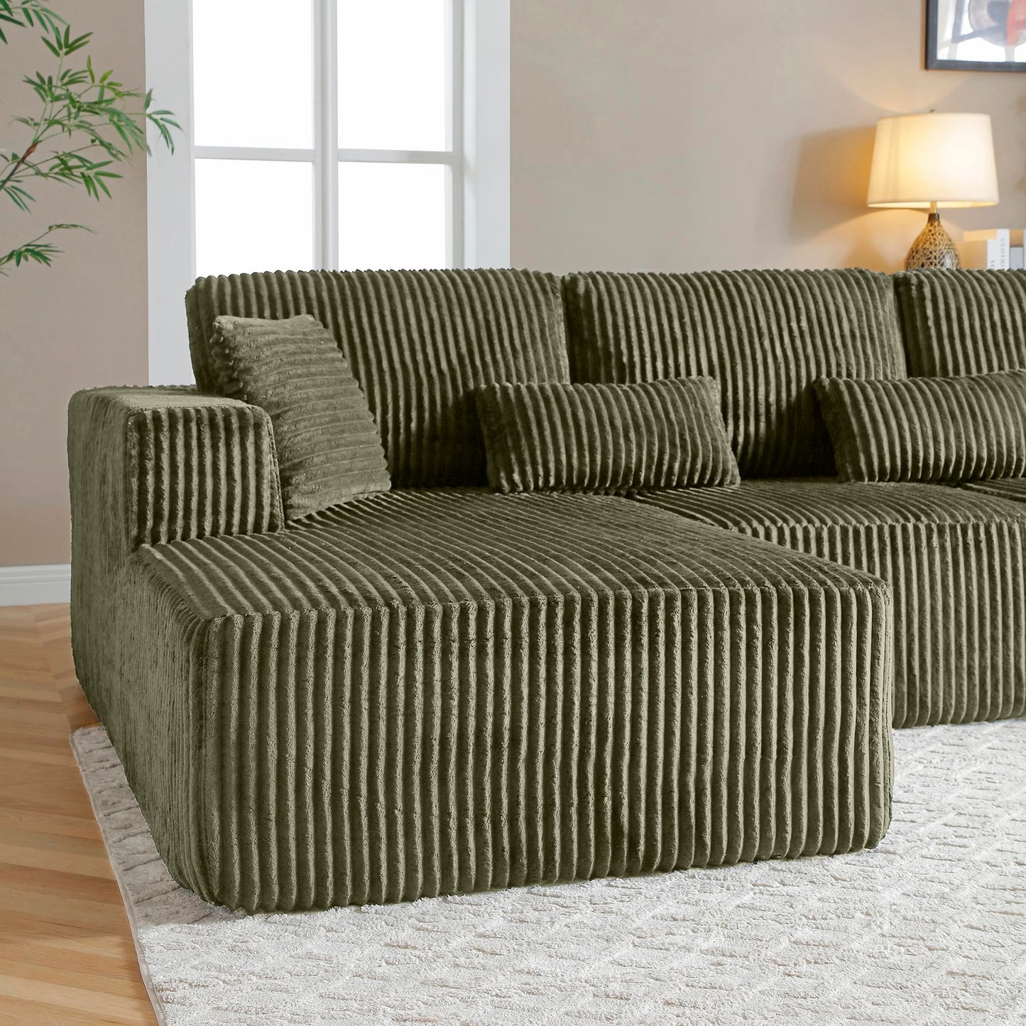 109" Modular L-Shaped Corner Cloud Sofa Corduroy Modular Couches with Deep Seat, 3 Pieces Compressed Boneless Sofa W/Left Chaise Lounge and 4 Pillows for Living Room