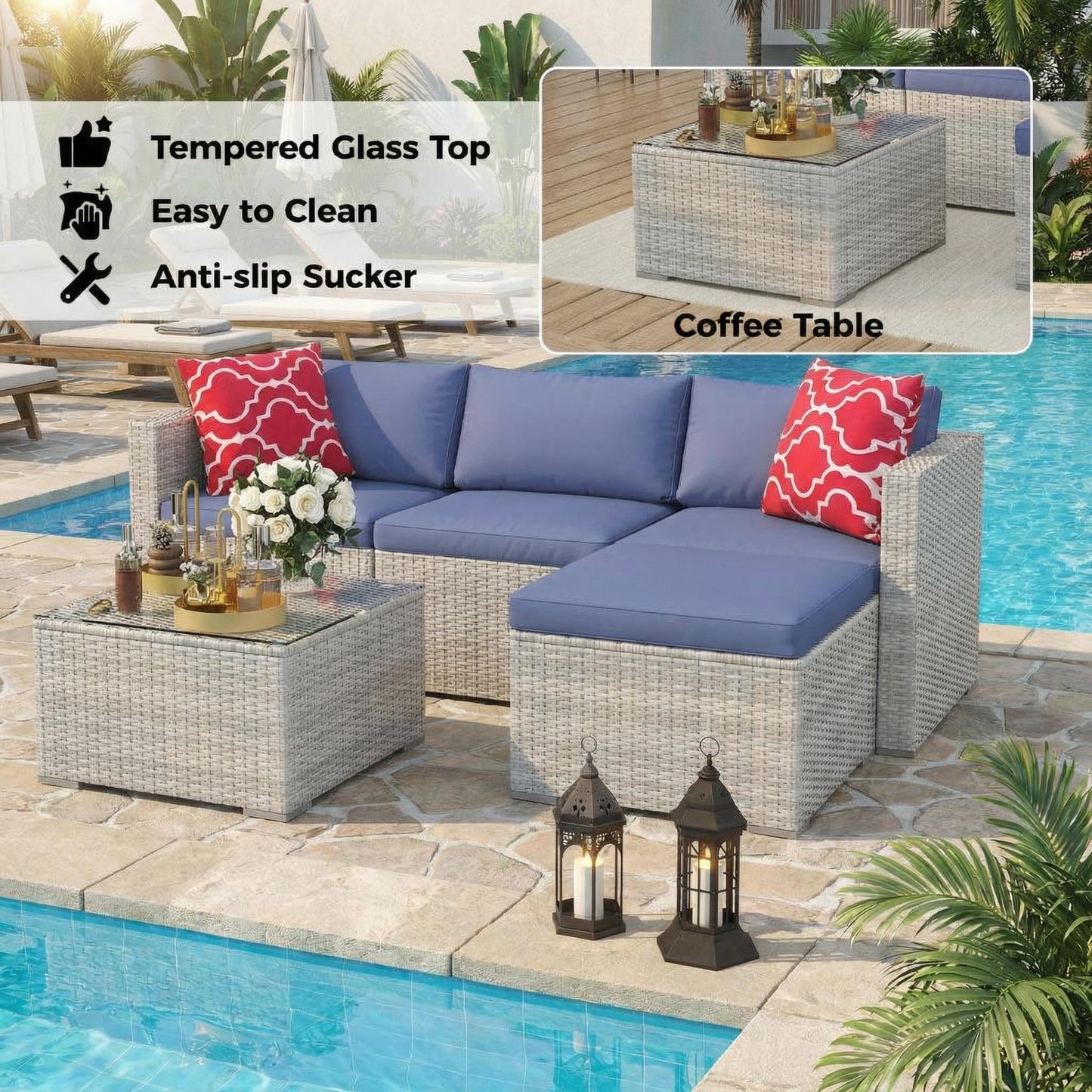 5-Piece Patio Sectional Sofa Set, All-Weather Brown PE Rattan Outdoor Conversation Furniture with Neutral-Tone Cushions, Glass Coffee Table & Footstool, Modular Design for Garden, Porch, Balcony, Pool