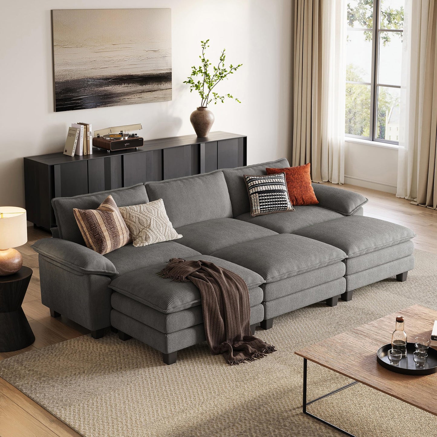 LINSY HOME Modular Sectional Sofa - 123 Inch Oversized Corduroy Cloud Couch with Movable Ottoman Soft Modern Comfy Sofa Set for Living Room Apartment Office, Grey