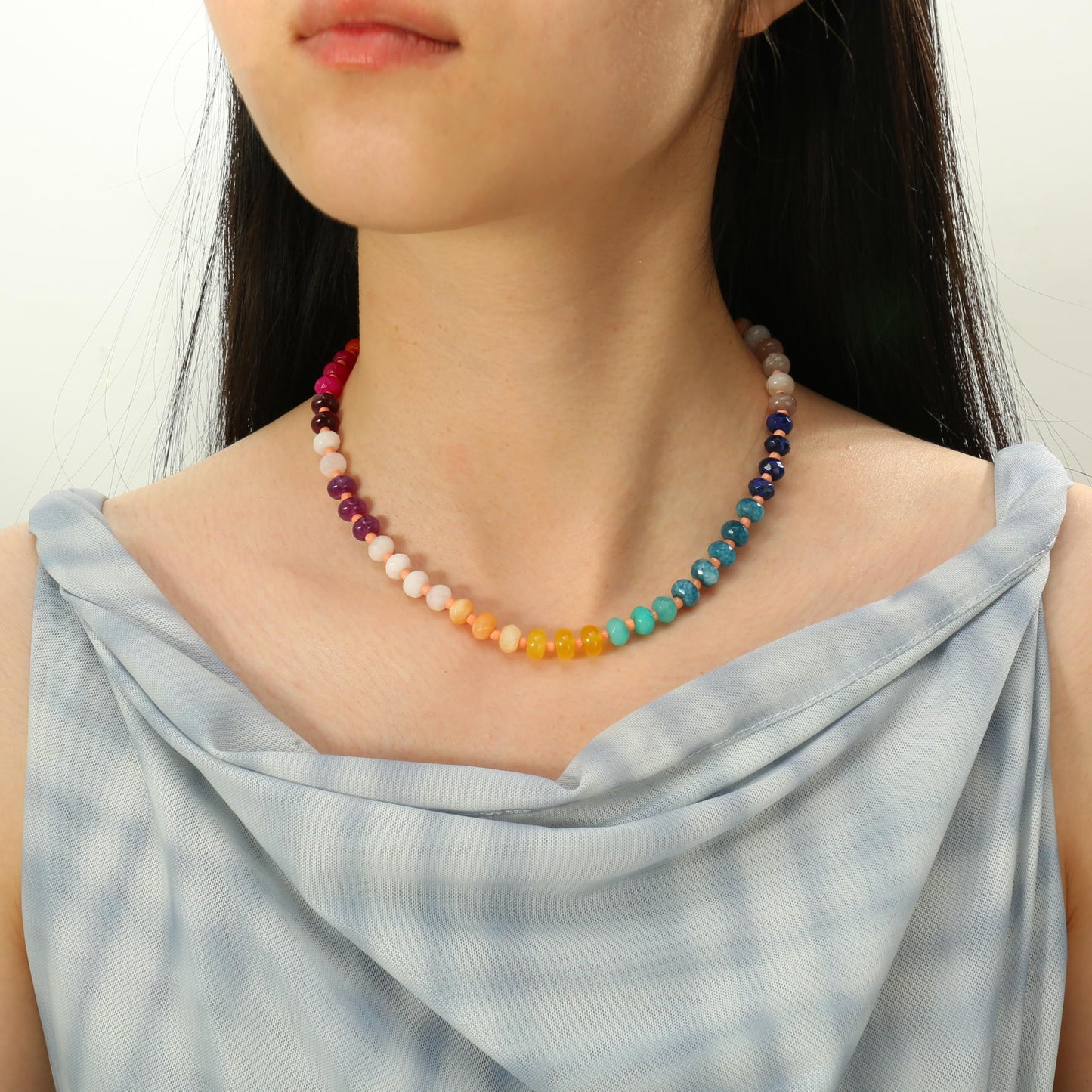 Gemstone Beaded Necklace for Women Colorful Natural Stone Freshwater Pearl Surfer Beach Rainbow Necklace Jewelry Gift