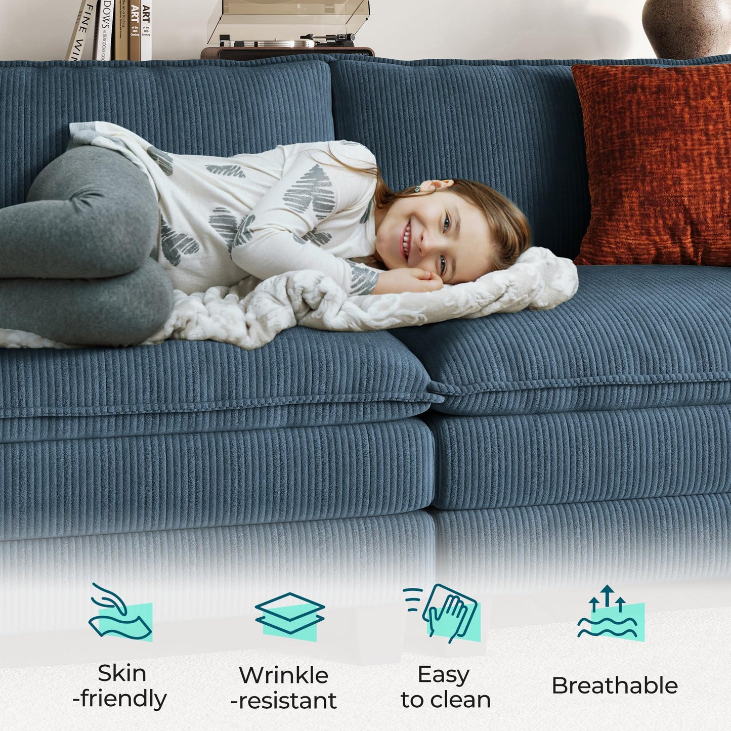 LINSY HOME 119" Modular Sectional Sofa Couch Corduroy Cloud Couches for Living Room, V-Shaped Cloud Couch Sectional Sofas for Bedroom and Apartment, Blue