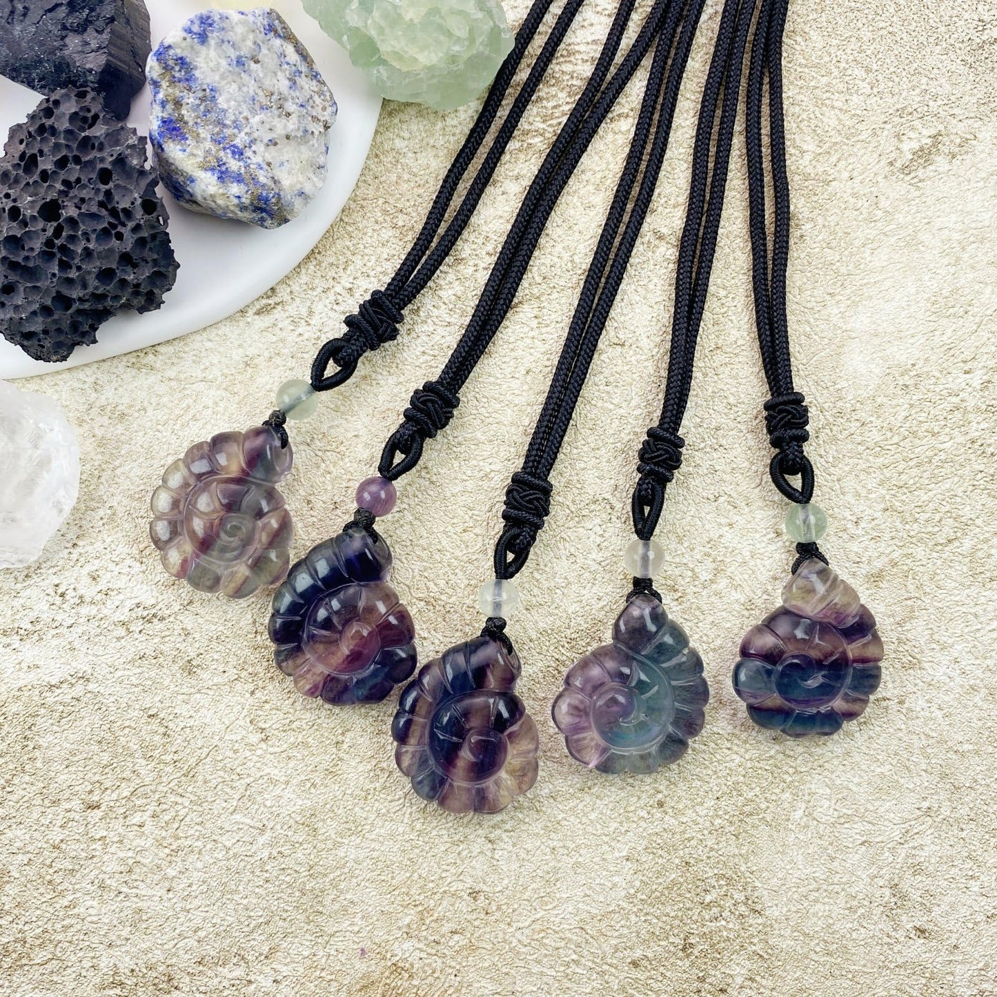 EDEN'S CALL Crystal Conch Shell Necklace for Women Healing Stone Ocean Pendant, Boho Beach Necklace with Polished Natural Gemstone Adjustable Cord Worry Stone Jewelry Gift, Fluorite